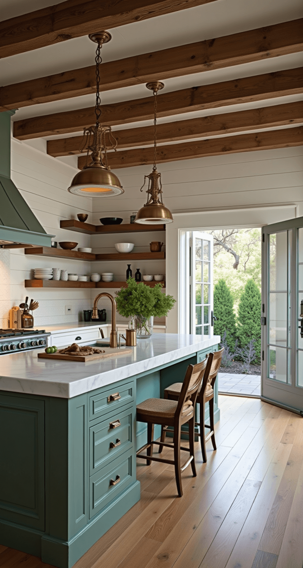 Rustic-elegant kitchen featuring sage green island with marble countertop, white shiplap walls, antique brass lighting, and open shelving with earth-toned pottery, captured during blue hour with warm lighting, emphasizing architectural details and a farmhouse style.