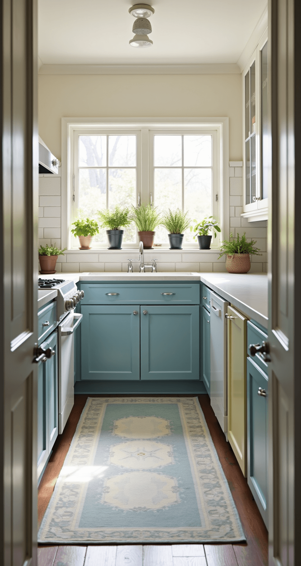 Light-filled galley kitchen featuring pastel blue lower cabinets and white upper cabinets with glass fronts. Subway tile backsplash with a subtle sheen, vintage runner with faded blues and creams, and potted herbs on the windowsill above a farmhouse sink. Symmetrical composition highlights texture variations in natural light.