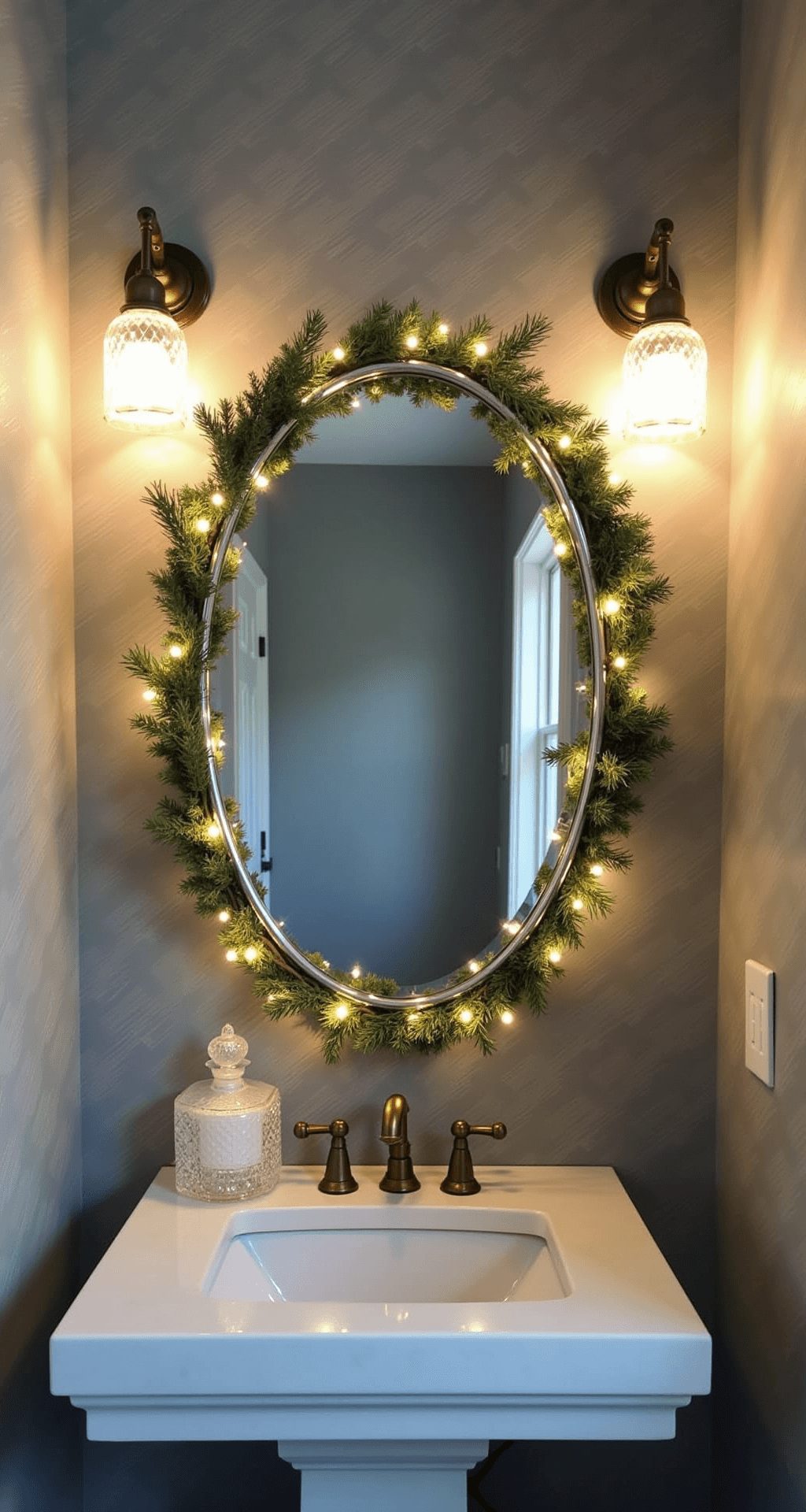 A cozy powder room vignette featuring a marble vanity with a crystal decanter, a silver-rimmed mirror adorned with pine garland and warm white lights, vintage brass sconces illuminating gray-blue walls, and subtle metallic snowflake wallpaper, all captured in symmetrical composition.