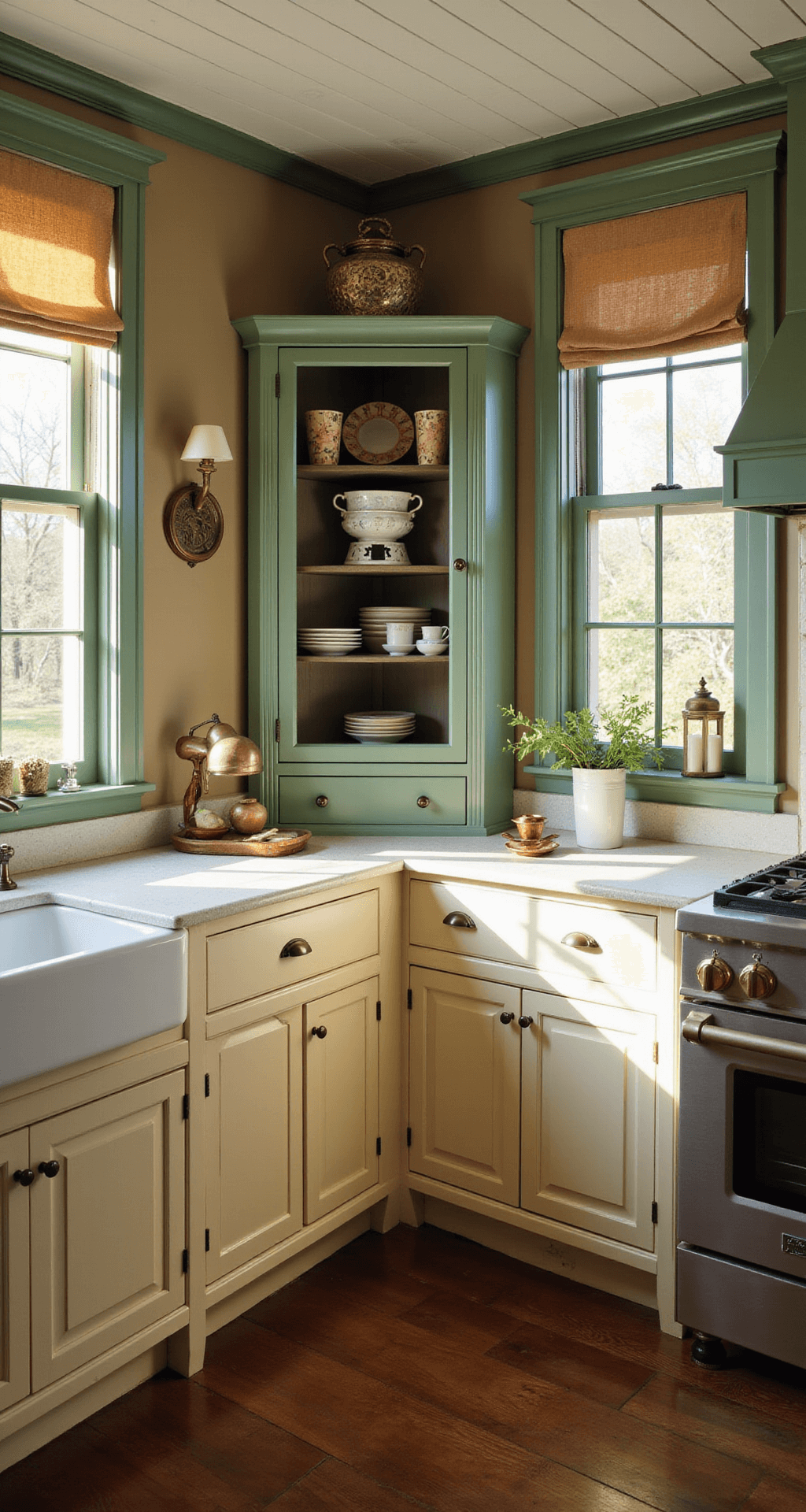 A cozy corner kitchen featuring warm cream cabinets with soft green undertones, an antique hutch showcasing an ironstone collection, and brass accents. Late afternoon sunlight casts dramatic shadows, while filtered window treatments enhance the ethereal atmosphere. The composition balances refined and rustic elements in a 10x12ft space.