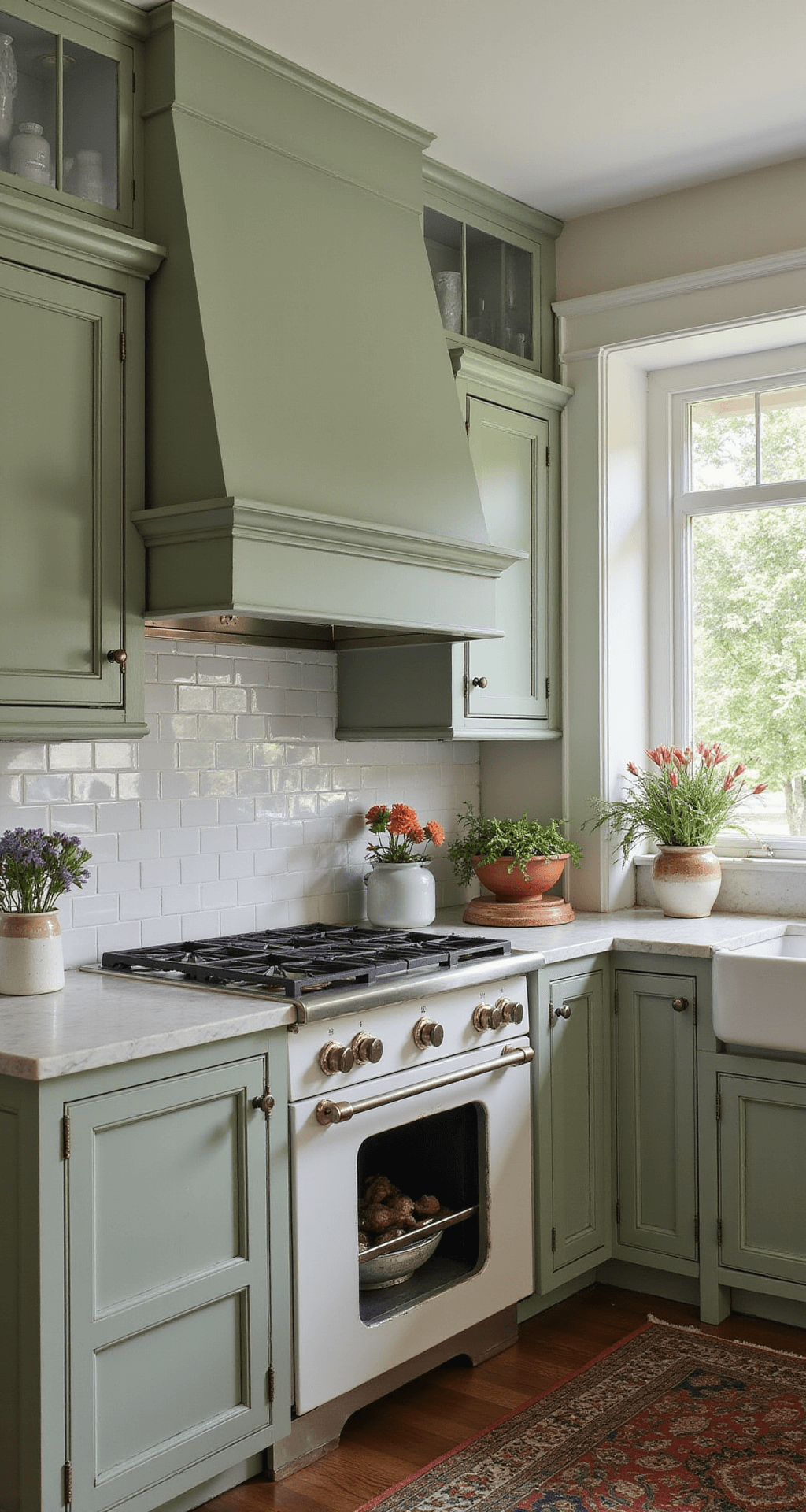 A cozy breakfast kitchen featuring sage green built-ins and a restored cooking fireplace, adorned with white marble counters and subway tile walls, illuminated by morning light. Vintage pottery containers hold fresh flowers, and the scene is styled to highlight a collected-over-time aesthetic.