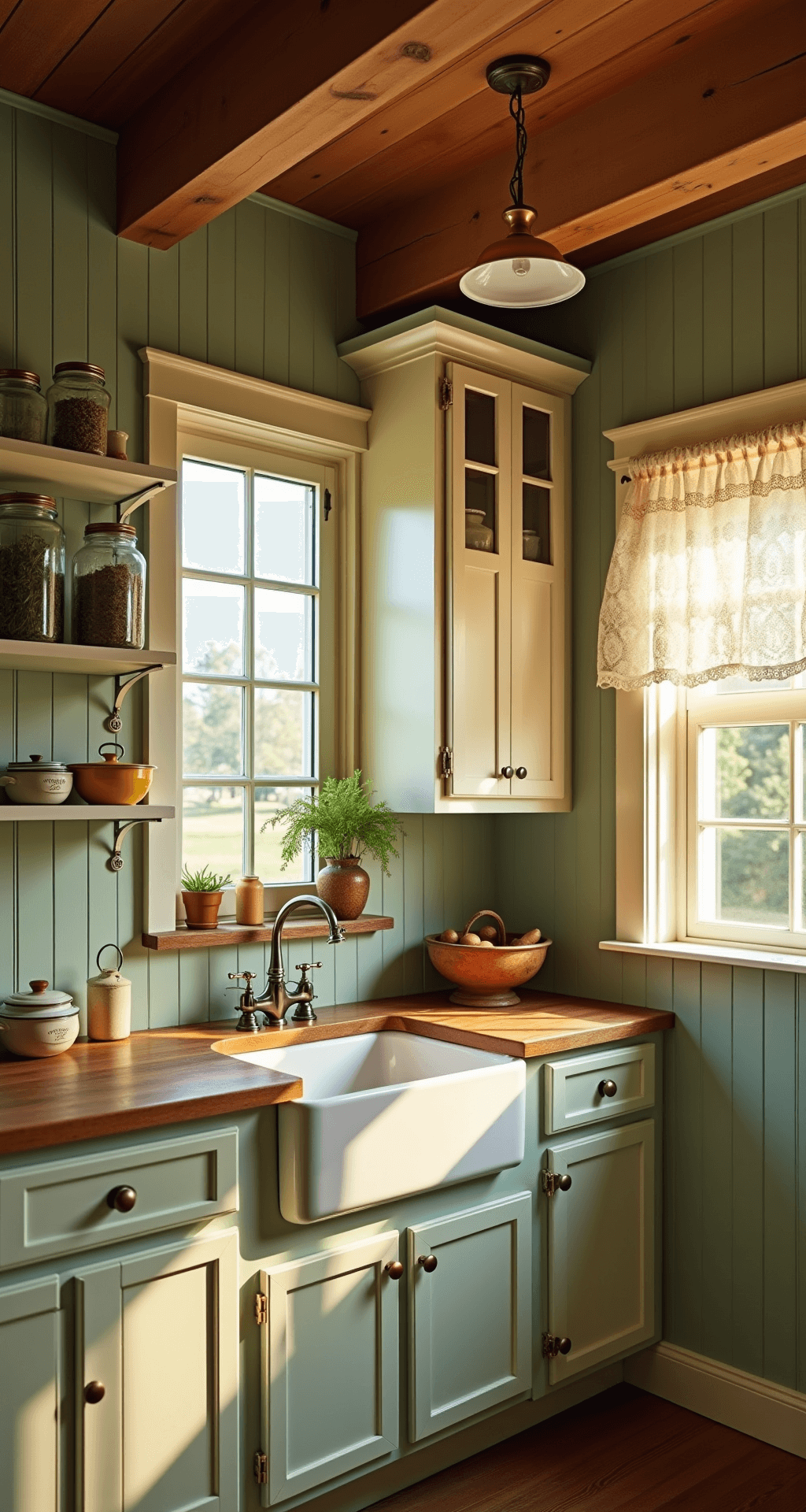 A sunlit cottage kitchen with vintage cream-colored cabinets, sage green beadboard walls, and exposed wooden beams, featuring a butcher block island, mason jars of dried herbs, and a farmhouse sink, all beautifully illuminated by golden hour light streaming through west-facing windows.