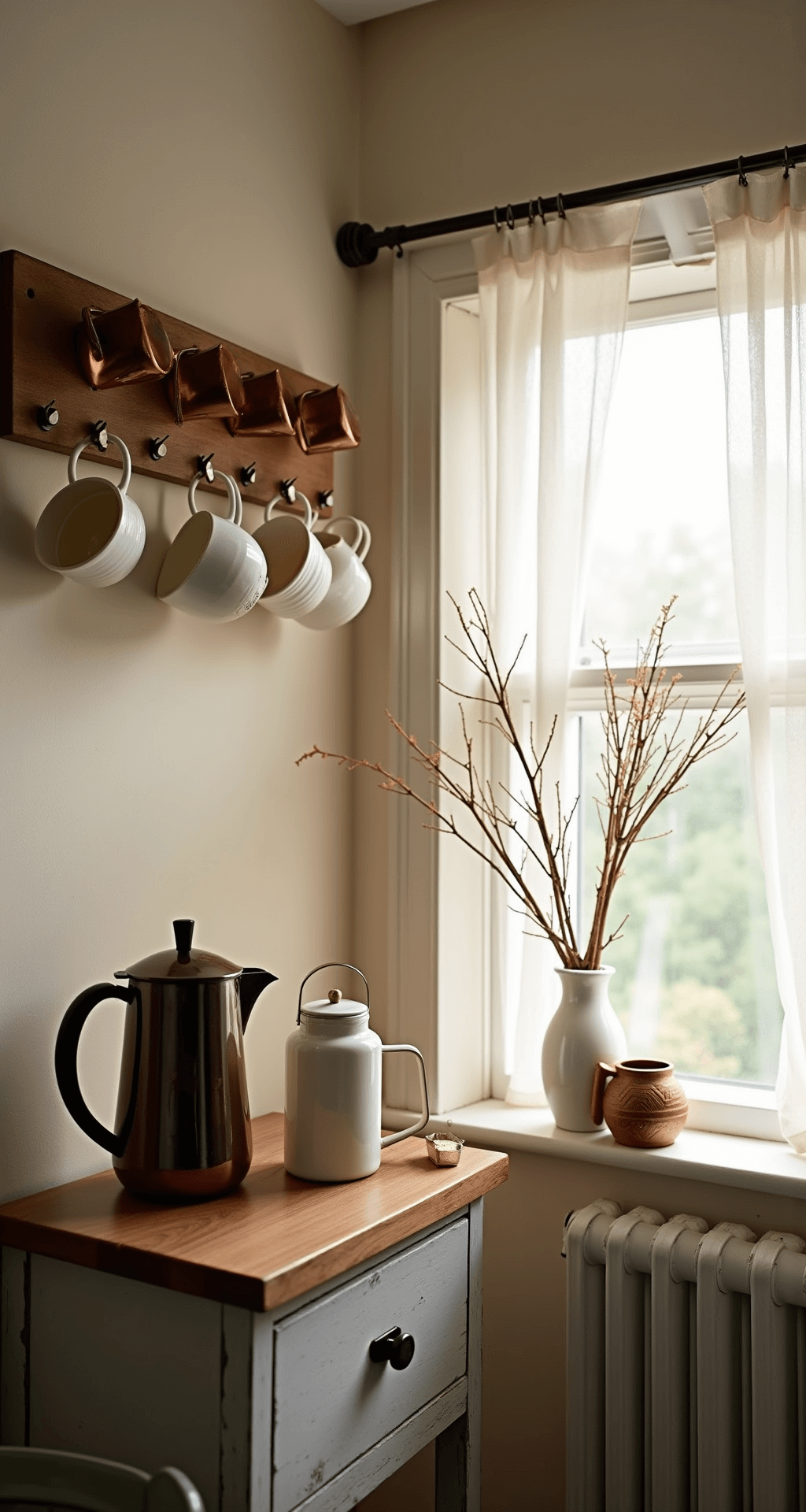 Low-angle view of a cozy kitchen corner at dawn, featuring a rustic wooden peg rail with earthenware mugs and copper measuring cups, a weathered pine console with a vintage copper kettle and white ceramic French press, bathed in soft morning light through sheer linen curtains.