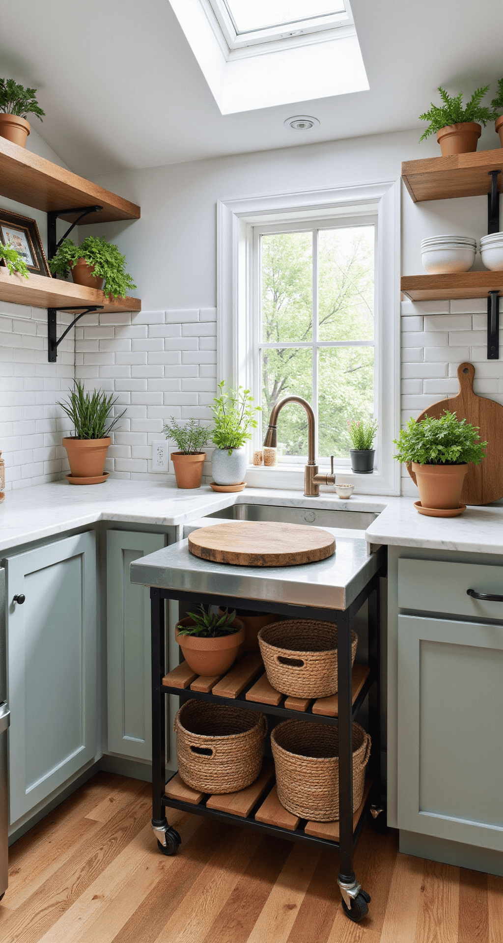 Eye-level view of a compact kitchen workspace featuring a moveable kitchen cart with a zinc top and lower wooden shelf, surrounded by white subway tile and soft sage cabinets. Natural light from a skylight casts shadows on marble countertops adorned with terracotta pots of fresh herbs.