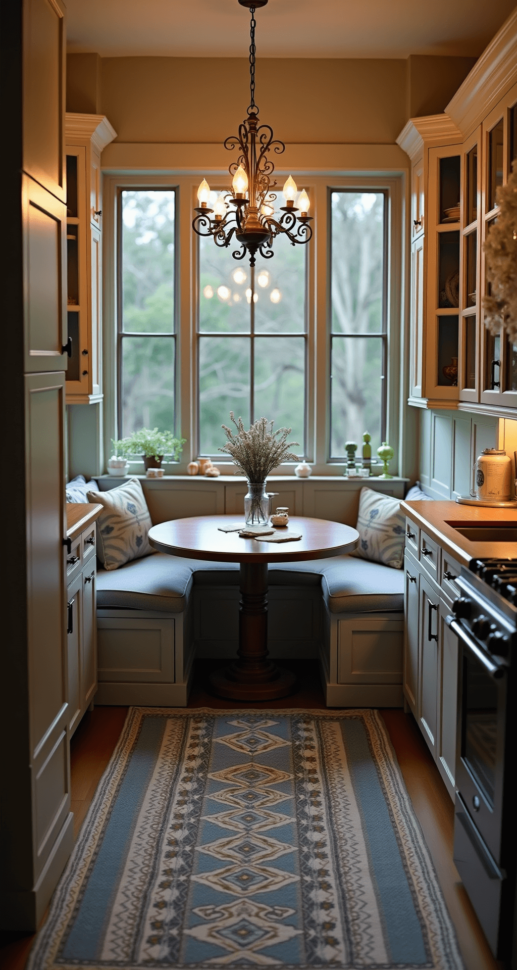 Overhead view of a cozy 10x12 cottage kitchen at dusk, featuring a wrought iron chandelier with Edison bulbs illuminating a round farmhouse table in a window nook, surrounded by glass-front cabinets showcasing china, and a vintage braided rug in muted blues and creams.