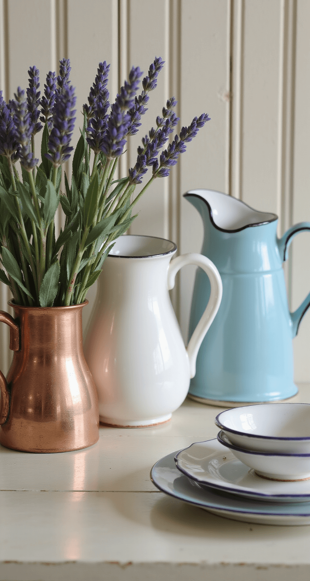 Close-up image of an antique Welsh dresser illuminated by morning light, featuring white ironstone pitchers and vintage cream and pale blue enamelware against a beadboard backdrop, with fresh lavender sprigs in copper vessels providing organic accents; shallow depth of field highlights the collected items while blurring the background.