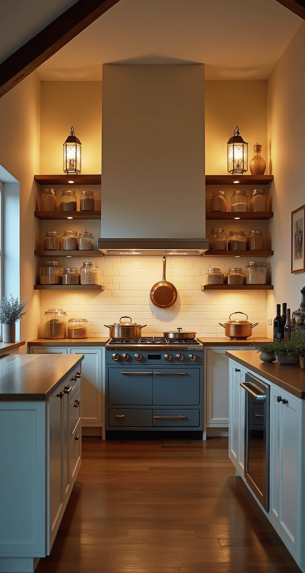 Wide shot of a galley kitchen at twilight, featuring warm lantern sconces lighting cream-colored walls, floor-to-ceiling open shelving filled with glass jars of pantry items, and copper pots above a vintage stove, all captured in high detail.