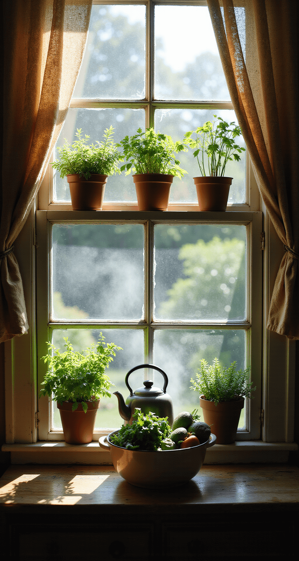 A cozy kitchen window garden at dawn, featuring a weathered wooden windowsill with herb pots of different heights. Morning sunlight filters through café curtains, illuminating steam rising from a kettle, while a vintage enamel colander rests below, holding fresh produce.