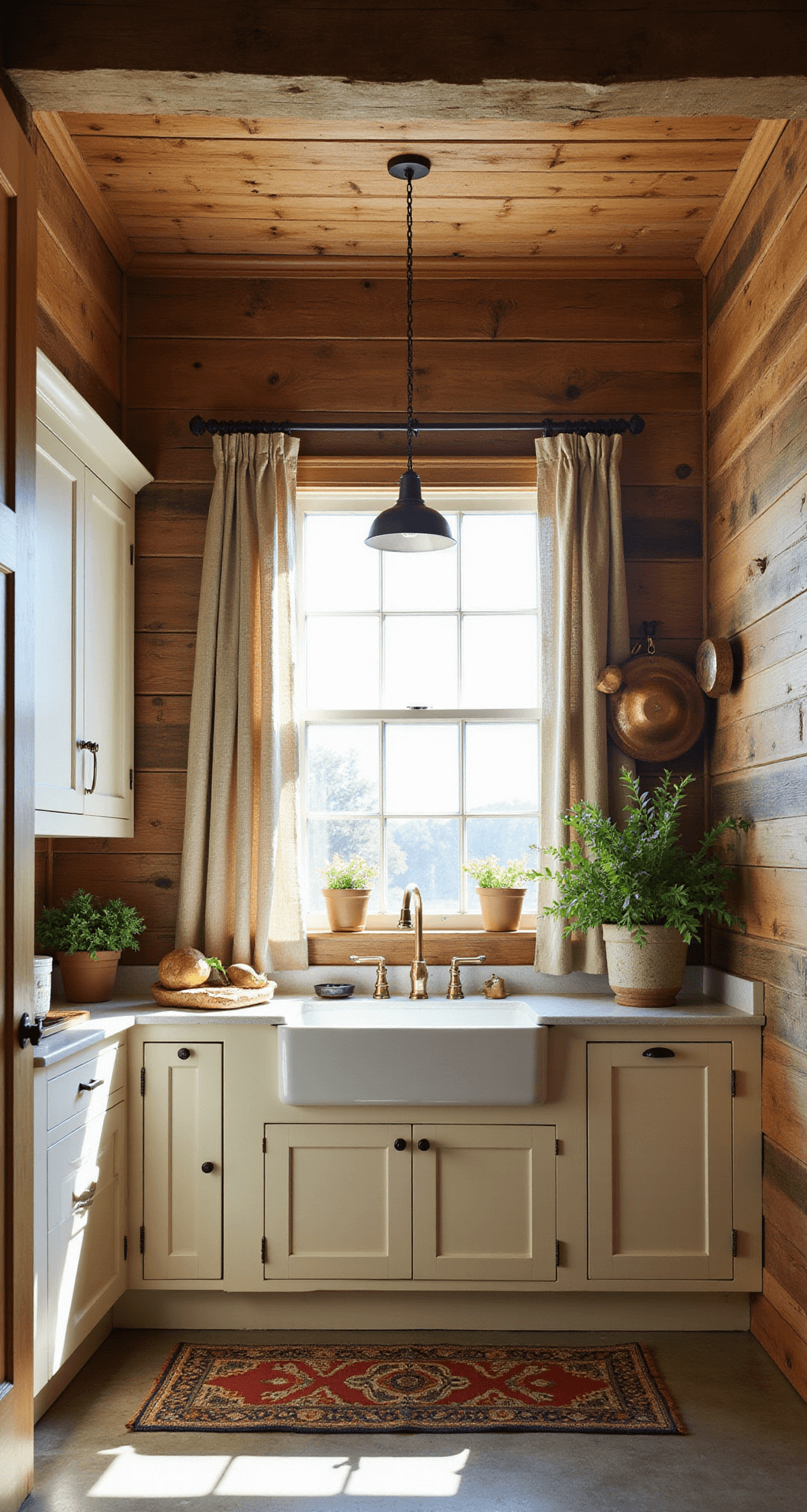 A sunlit cottage kitchen with reclaimed barn wood paneling, vintage farmhouse sink, and cream-colored Shaker cabinets, featuring morning light filtering through an east-facing window adorned with terracotta potted herbs and hanging copper cookware.