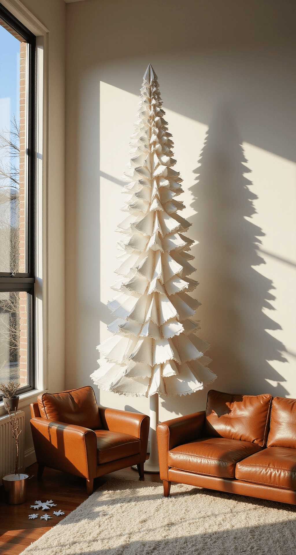 A cozy living room featuring a 7ft handcrafted paper Christmas tree made of white origami, mid-century modern cognac leather furniture, and a plush cream rug, all bathed in warm afternoon light streaming through tall windows, with geometric shadows and minimal brass accents.