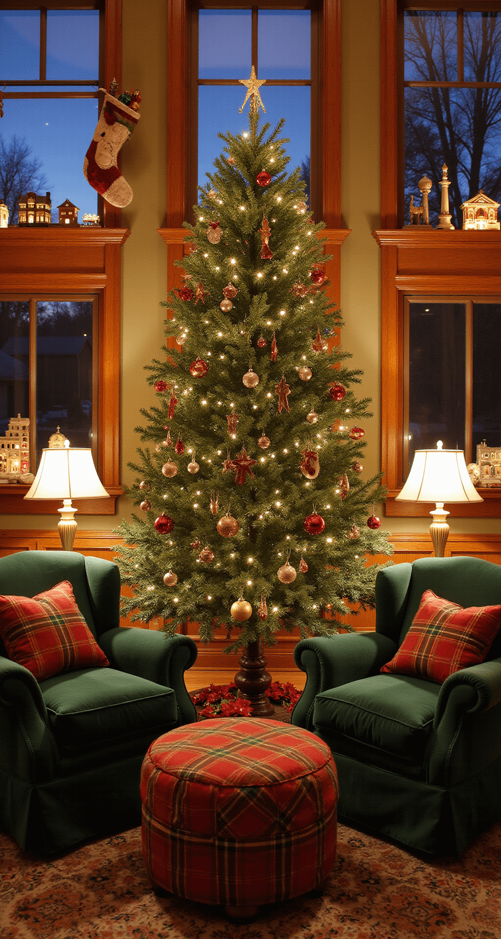 A cozy family room at twilight featuring a decorated Balsam fir, stockings on a carved wooden mantel, illuminated vintage ceramic villages, overstuffed forest green armchairs, and a plaid ottoman, all bathed in soft lamp light.