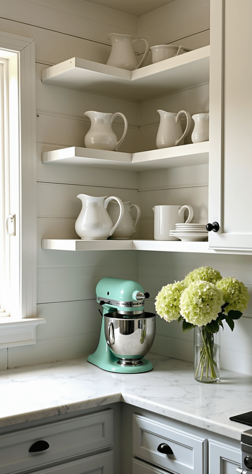 Cozy kitchen with white shiplap walls and marble countertops, featuring a mint-green Kitchen Aid mixer, white ironstone pitchers, and hydrangeas in a glass vase, illuminated by golden hour light.