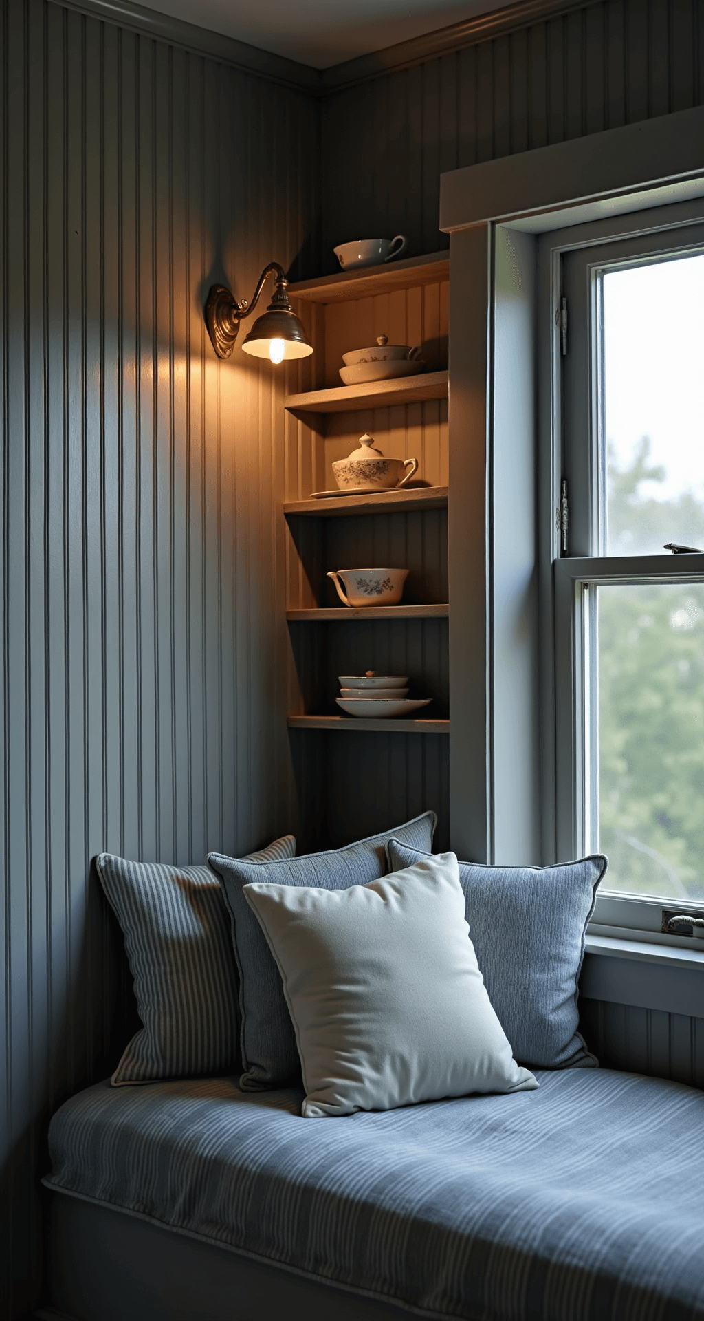 Intimate kitchen nook with floor-to-ceiling dove grey beadboard, illuminated by vintage brass sconces, showcasing a built-in window seat with striped linen cushions in French blue and cream. Delicate teacups on open shelving and textured elements create a moody, romantic atmosphere.