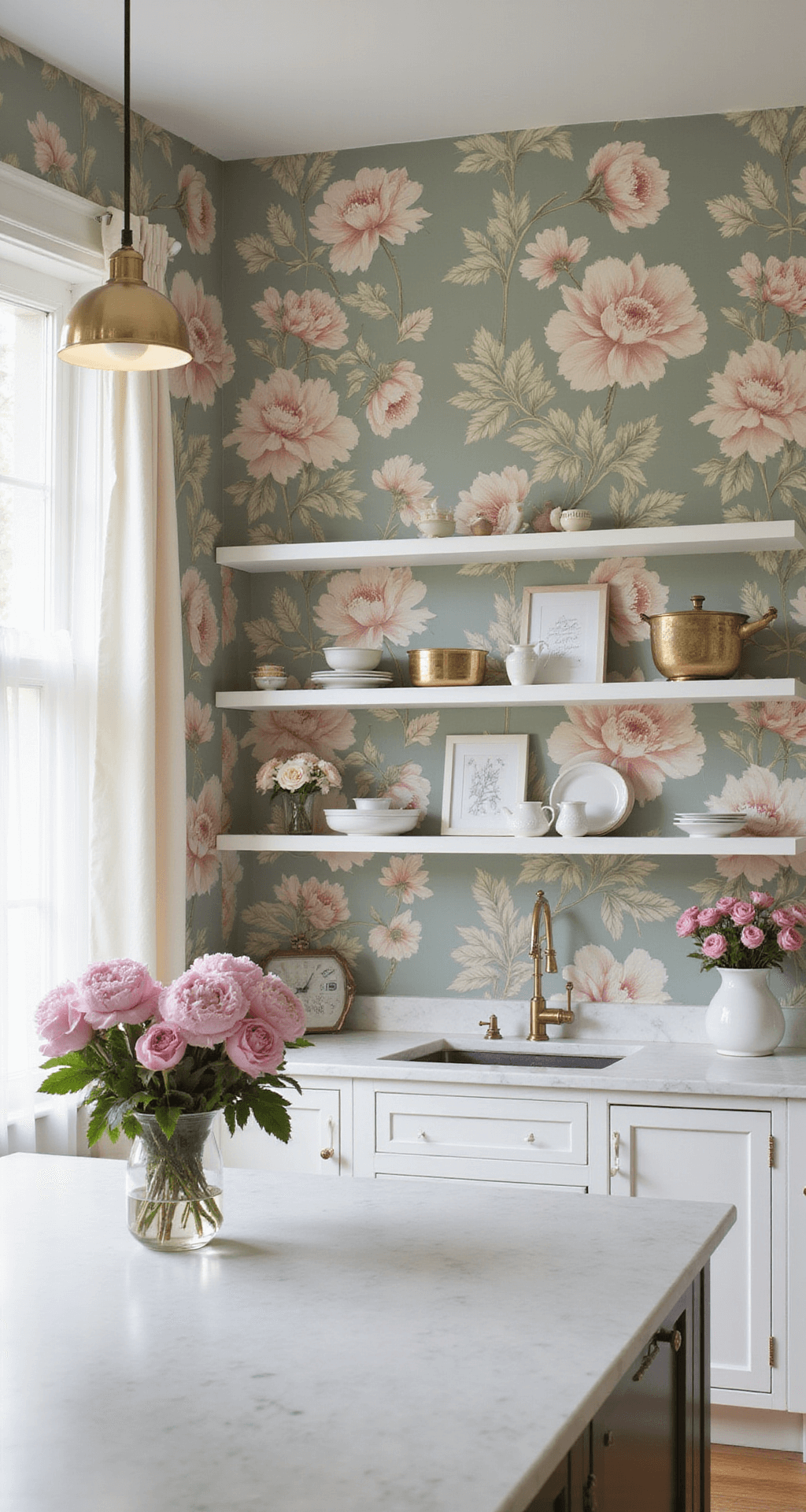 Bright kitchen featuring large-scale vintage-inspired peony wallpaper in muted sage and blush tones, with white oak floating shelves showcasing collected ironstone and brass objects, and marble countertops reflecting light. Fresh peonies complement the wallpaper motif, illuminated by mid-morning diffused light through sheer curtains.