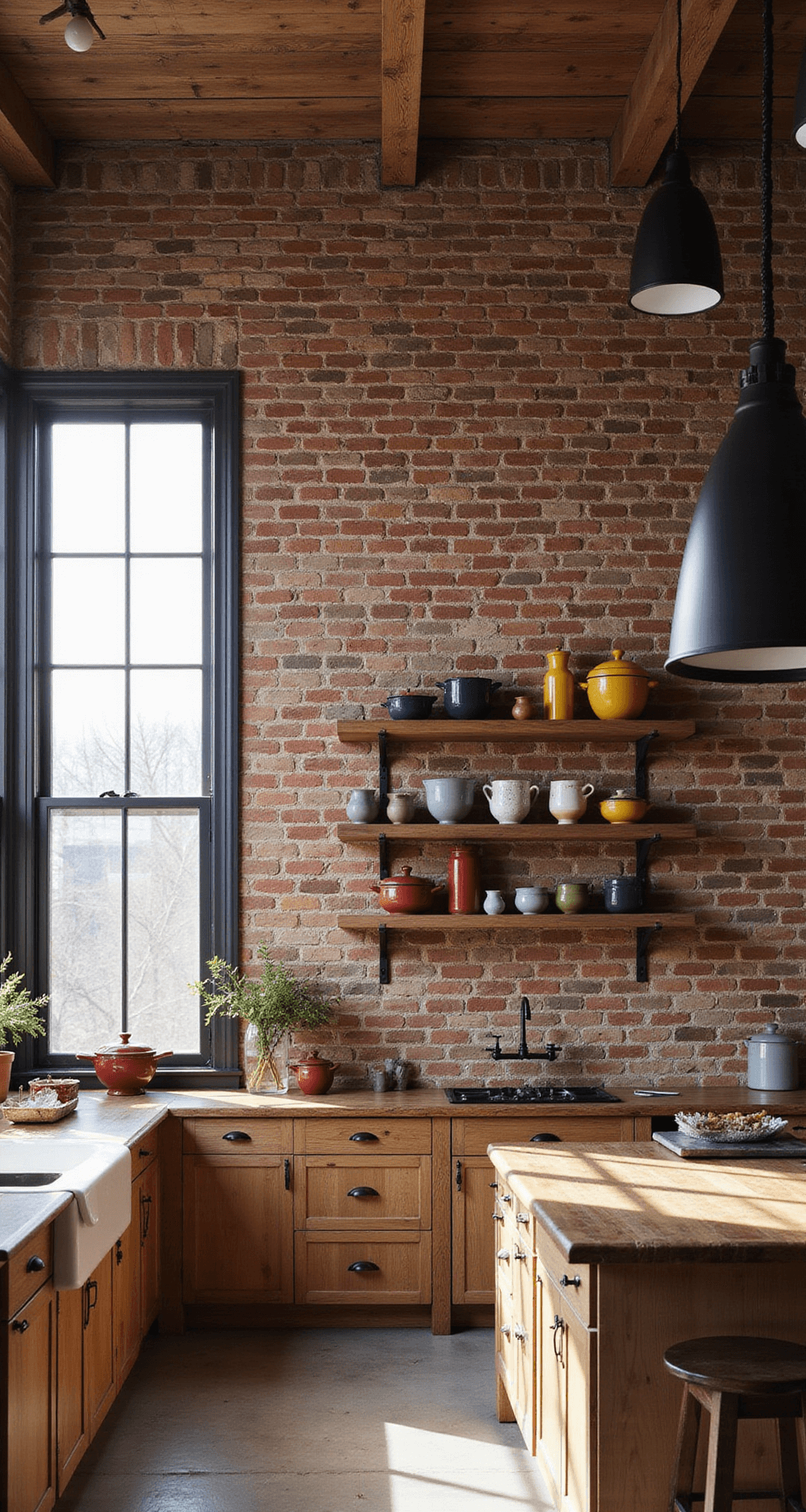 Modern-rustic kitchen featuring a dramatic exposed brick accent wall, industrial pendant lights, and a reclaimed wood island, with afternoon light casting shadows and highlighting a vintage enamelware collection.