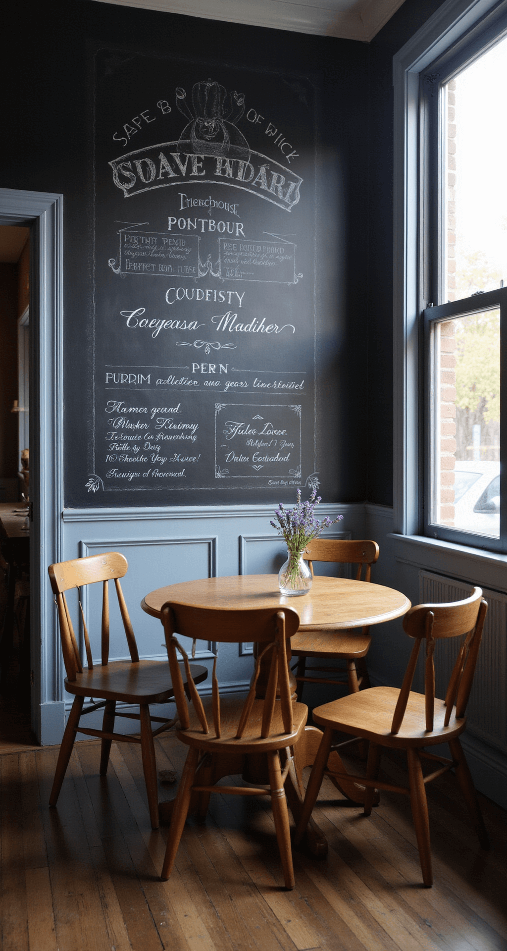 A cozy breakfast nook with a floor-to-ceiling chalkboard wall adorned with white chalk menu and quotes. Morning light streams through a window, illuminating the scene with dusty rays. Bentwood chairs surround a round pedestal table with fresh lavender, captured in shallow depth of field, emphasizing the chalk art against a blurred background.