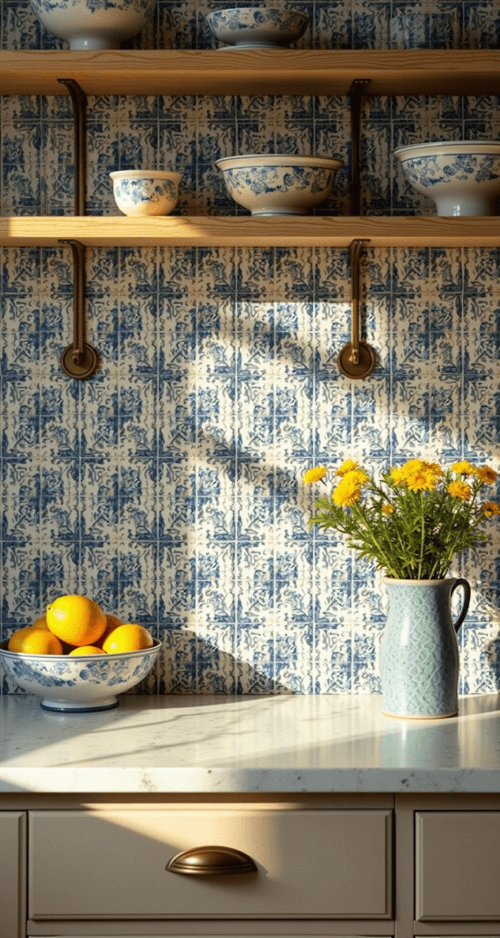 Contemporary cottage kitchen featuring a handpainted blue and white Portuguese tile backsplash illuminated by golden hour light, with white oak open shelving displaying artisanal ceramics and brass hardware accents; fresh lemons in a ceramic bowl provide a colorful touch.