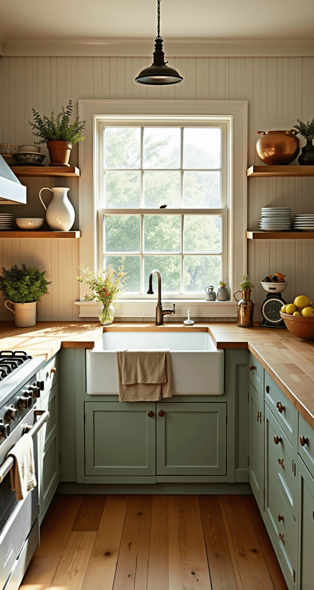 A rustic cottage kitchen featuring wide-plank honey oak flooring and cream beadboard walls, filled with golden morning light from an east-facing window. A weathered farmhouse sink sits beneath the window, flanked by reclaimed wood open shelving with vintage copper pots and white ceramic pitchers. Soft sage green lower cabinets contrast with butcher block countertops, styled with linen tea towels, fresh herbs in terracotta pots, and a vintage scale with seasonal fruits. Shot from a corner angle, emphasizing the room's depth and textures.