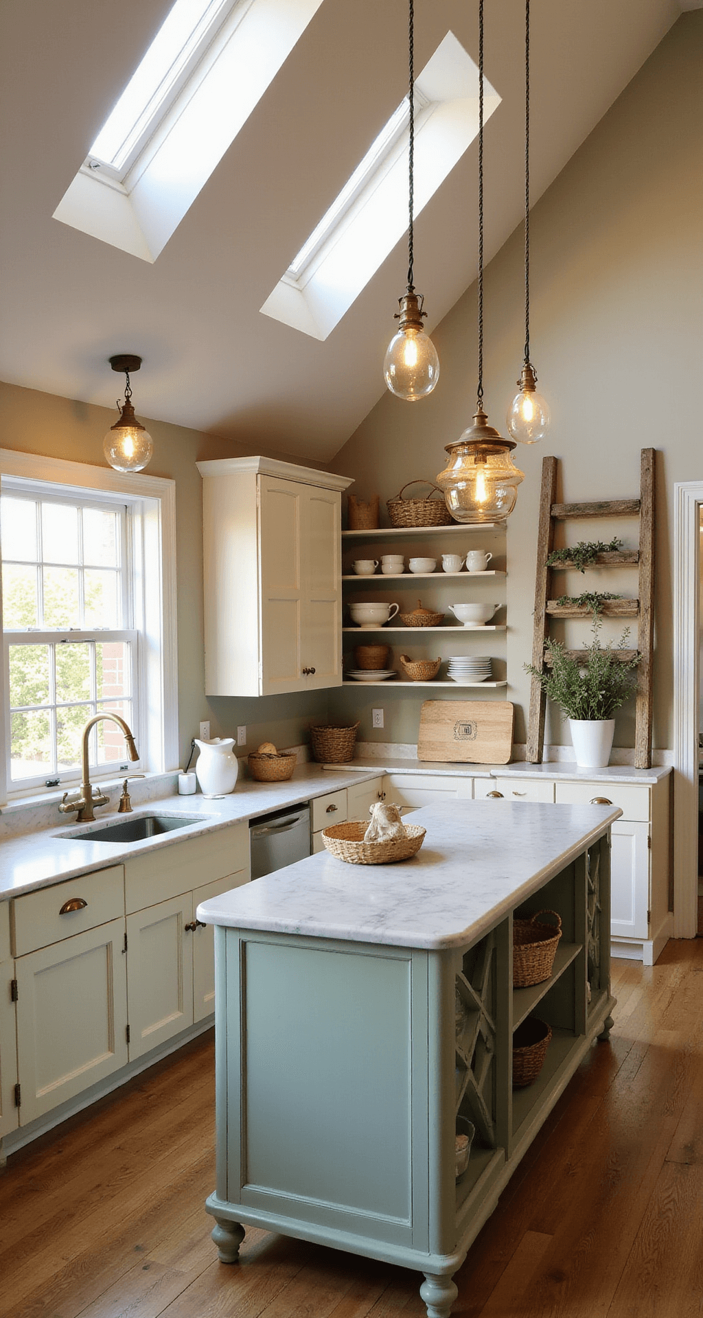 A cozy 8x10ft kitchen bathed in golden hour light, featuring a vintage marble-topped island, creamy white cabinets, and aged brass pendant lights. Open shelves display white ironstone and woven baskets, while a distressed wooden ladder holds dried herbs, all in a warm color palette of whites, natural woods, and sage green.