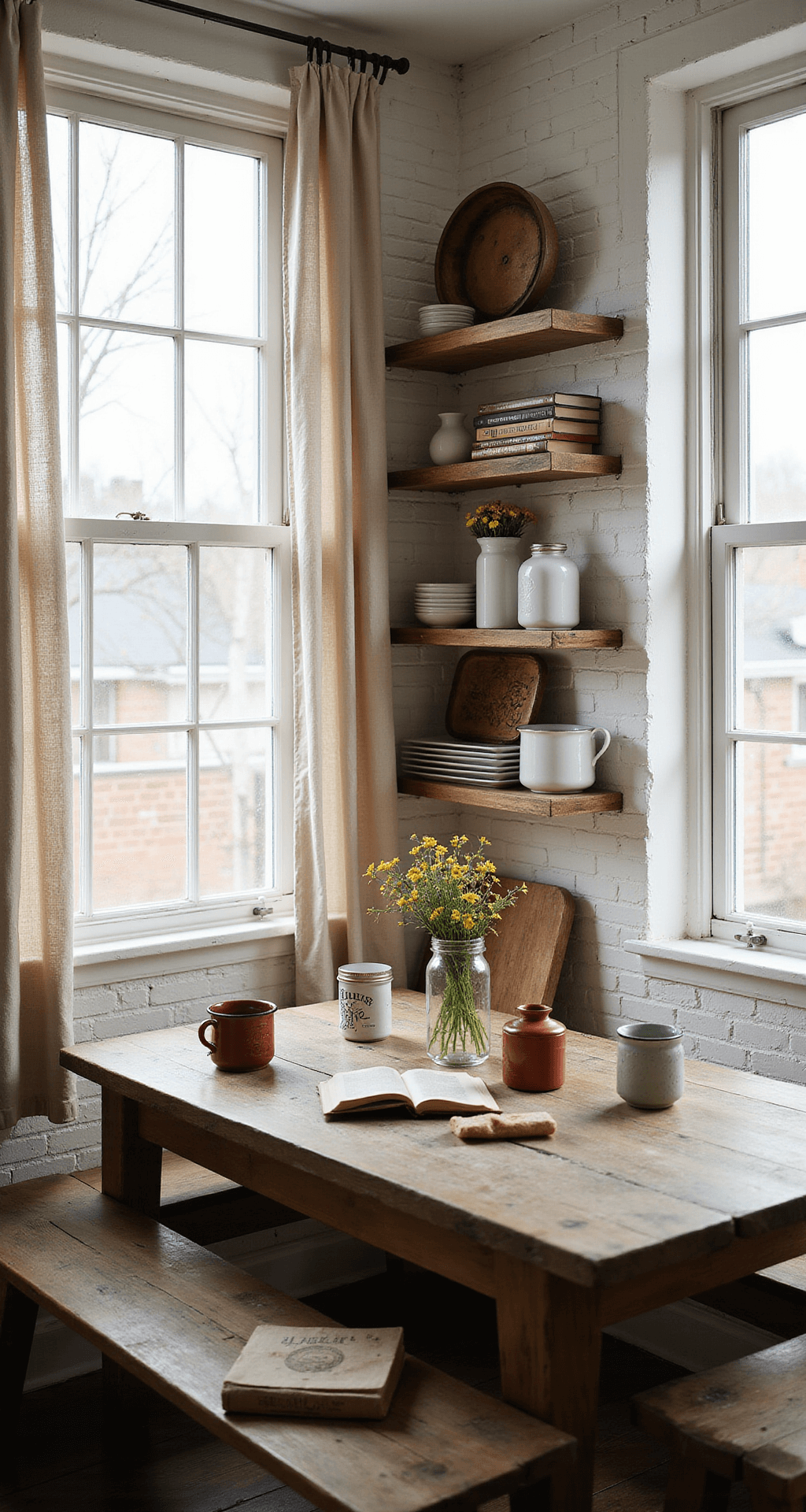 Intimate kitchen nook featuring floor-to-ceiling corner windows with sheer curtains, a reclaimed barn wood table for four adorned with vintage enamelware and wildflowers, floating shelves with antique copper molds and white ceramics, and whitewashed brick walls illuminated by natural and warm LED lighting.