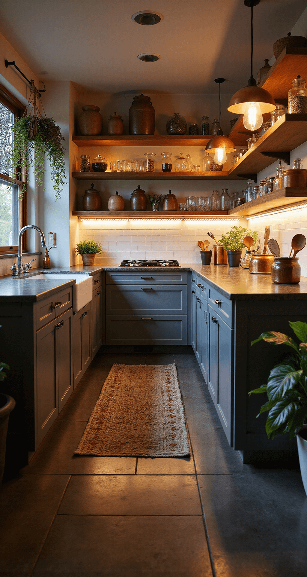 Dramatic dusk view of a galley kitchen featuring warm-toned LED strips illuminating earthenware crocks on open shelving, copper pendant lights over zinc countertops, a white subway tile backsplash, a vintage runner on slate flooring, and herbs drying from a ceiling rack.