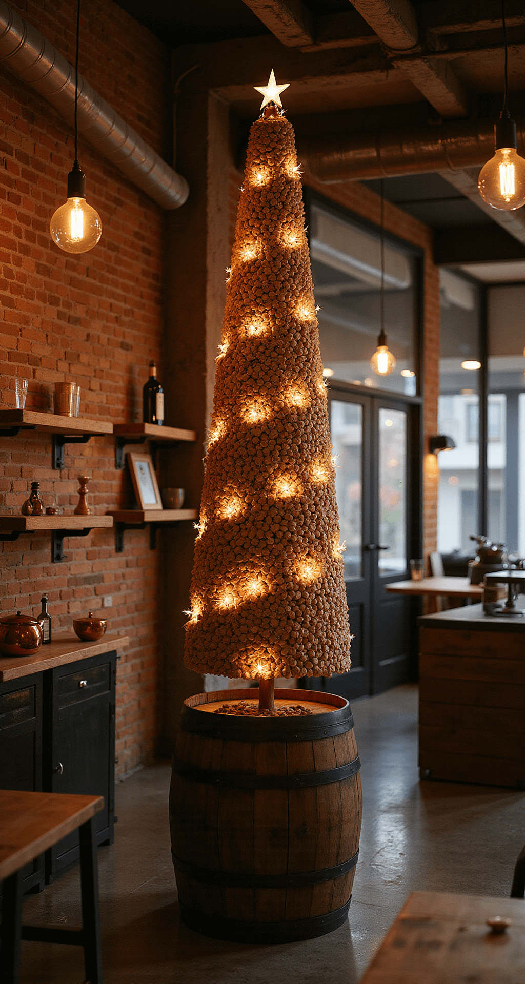 Industrial loft with exposed brick and 14ft ceilings, featuring an uplit 6ft wine cork Christmas tree on a vintage barrel. Amber Edison bulbs hang at varying heights, casting warm light on raw wood shelves and metal fixtures. The scene is styled with copper accents and wine-themed decorations, creating a dark, moody atmosphere with dramatic shadows.