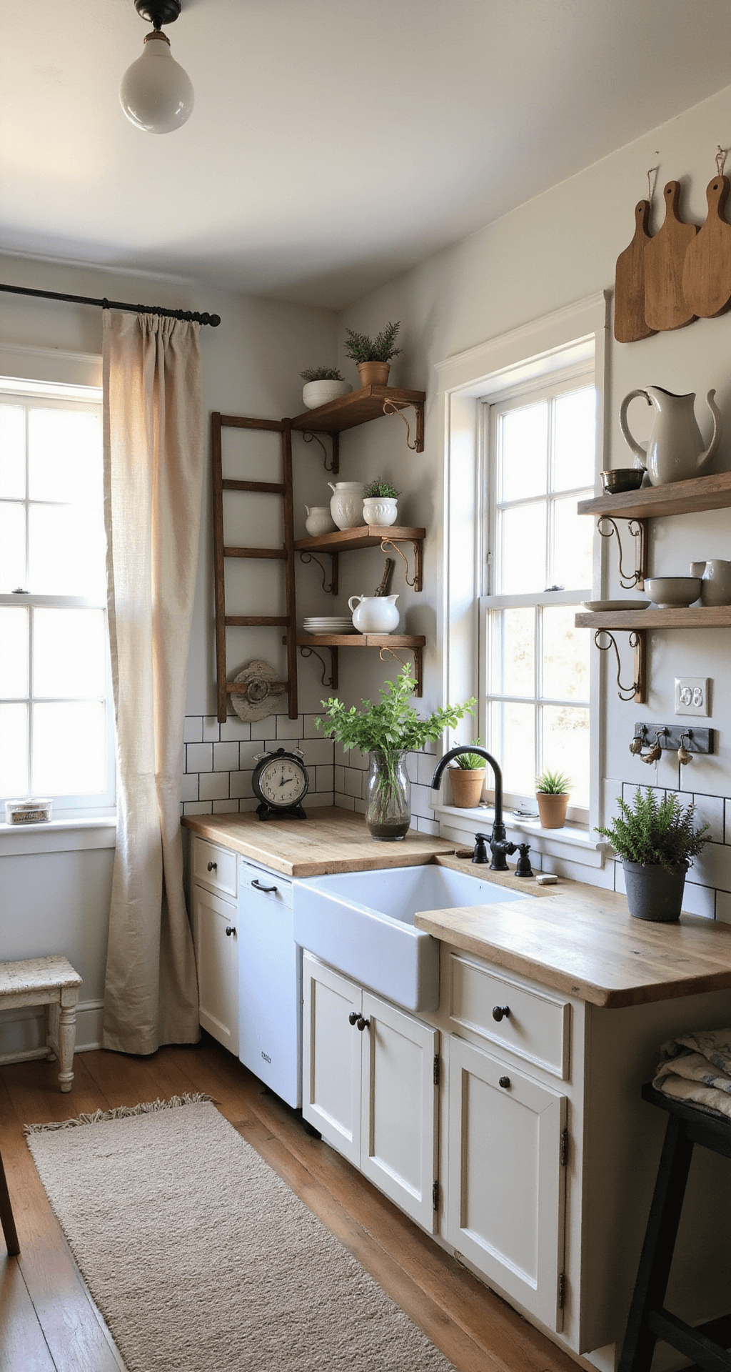 A high-angle shot of a sunlit kitchen workspace featuring a restored farmhouse sink, subway tile backsplash, and open shelving. A vintage wooden ladder serves as a pot rack above a butcher block island topped with a marble pastry slab. Morning light floods the space, complemented by soft overhead lighting, while café curtains dress the windows. The kitchen is styled with wooden cutting boards, white ironstone pitchers, and potted herbs.