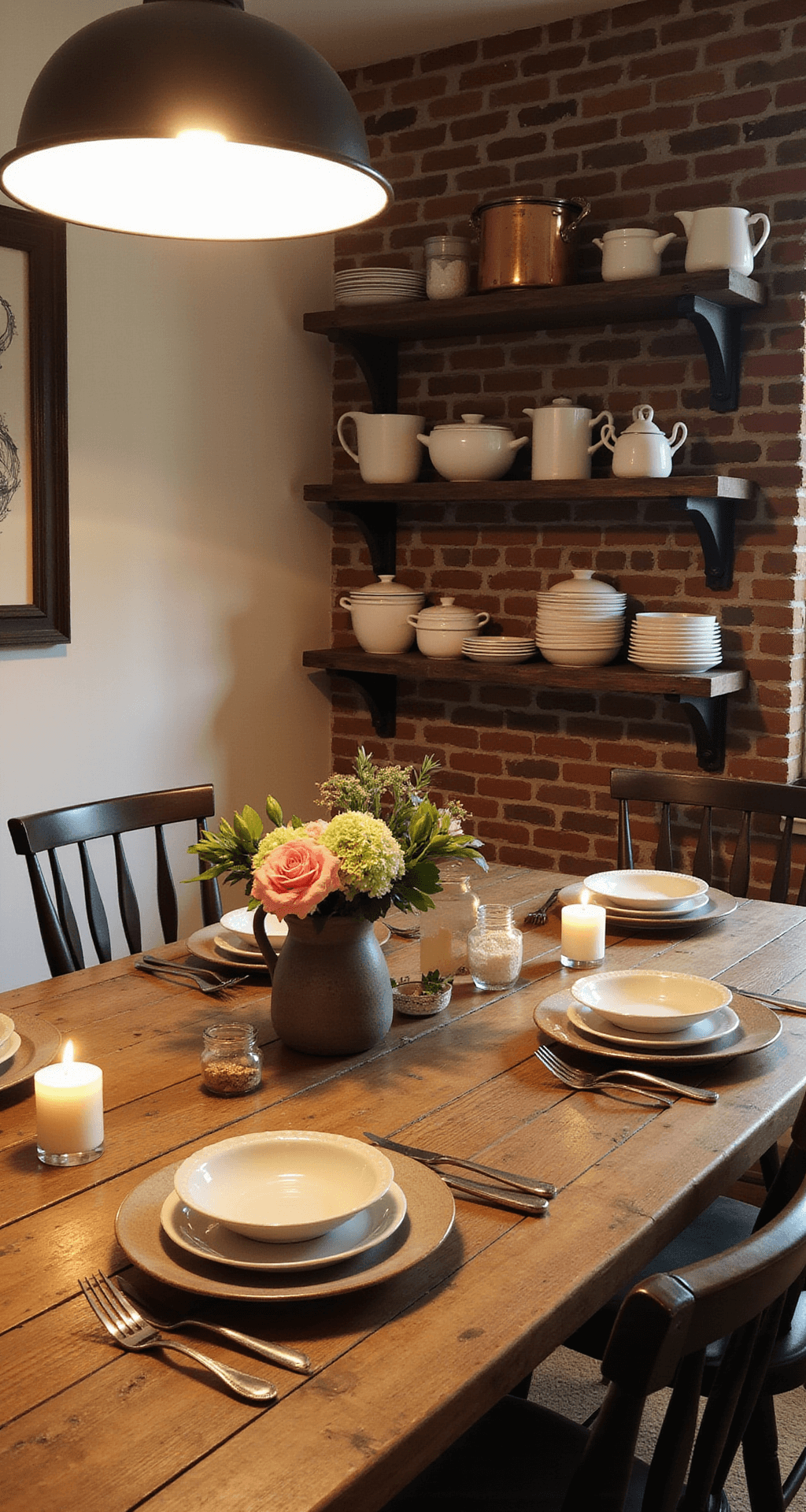 Cozy kitchen scene featuring a farmhouse table set for dinner, illuminated by a vintage pendant light. The weathered wood surface is adorned with lit pillar candles and fresh flowers in a pottery vase, while open shelving displays white pottery and copper cookware against warm cream walls and an exposed brick accent wall.