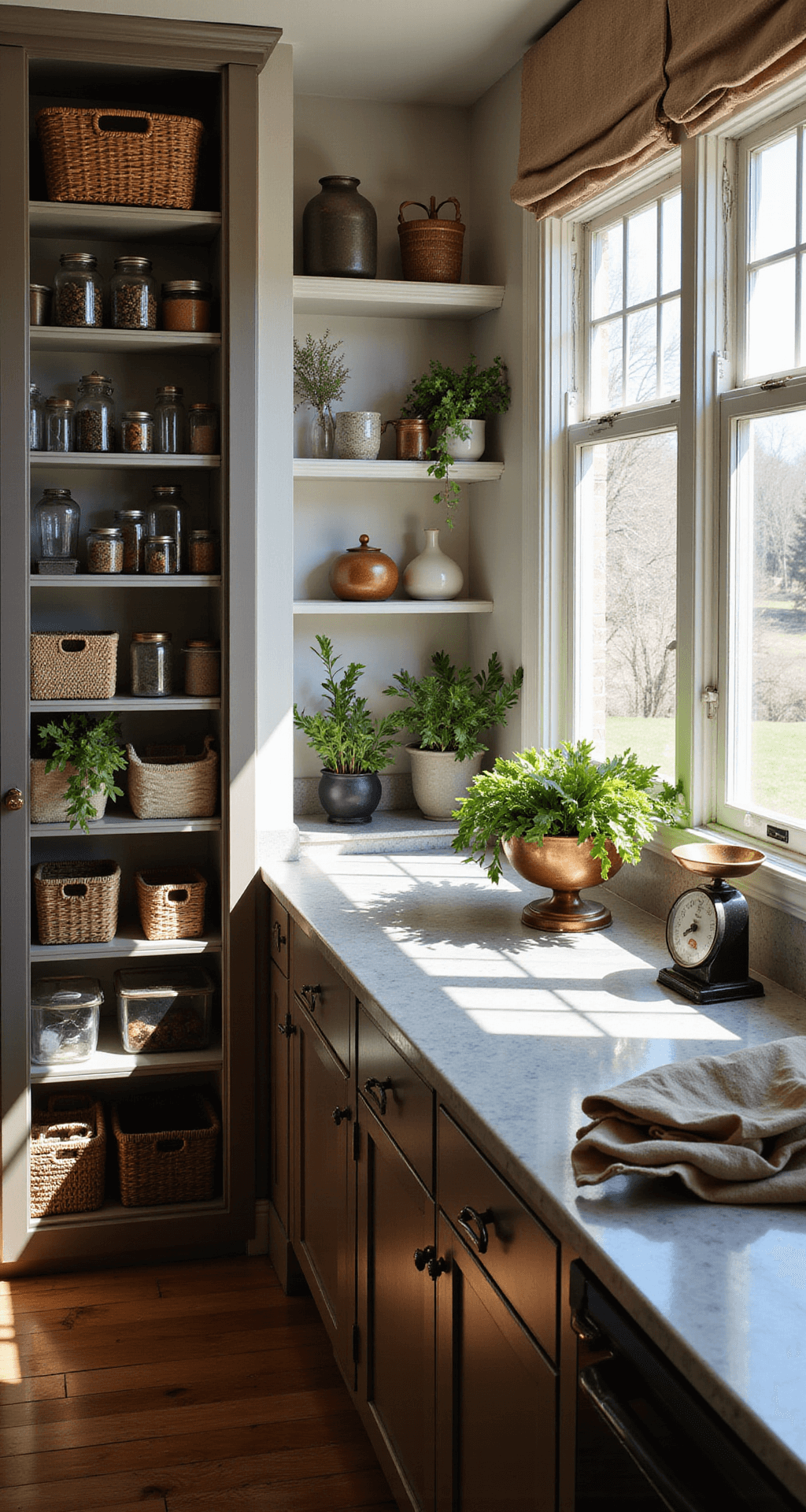 A cozy kitchen corner vignette featuring a floor-to-ceiling pantry with glass-front doors filled with organized vintage canisters and baskets, a marble countertop with a vintage scale and fresh produce, and warm lighting highlighting copper and brass accents along with hanging dried herbs and pottery.
