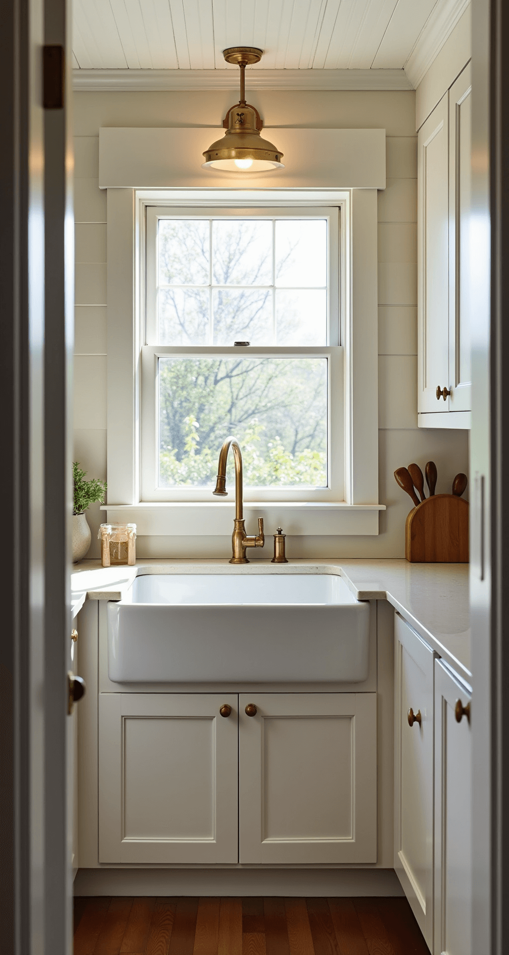 A cozy cottage kitchen bathed in morning light, featuring a white-trimmed window above a farmhouse sink, white shaker cabinets with brass hardware, creamy quartz countertops, and recessed LED lighting in a beadboard ceiling.