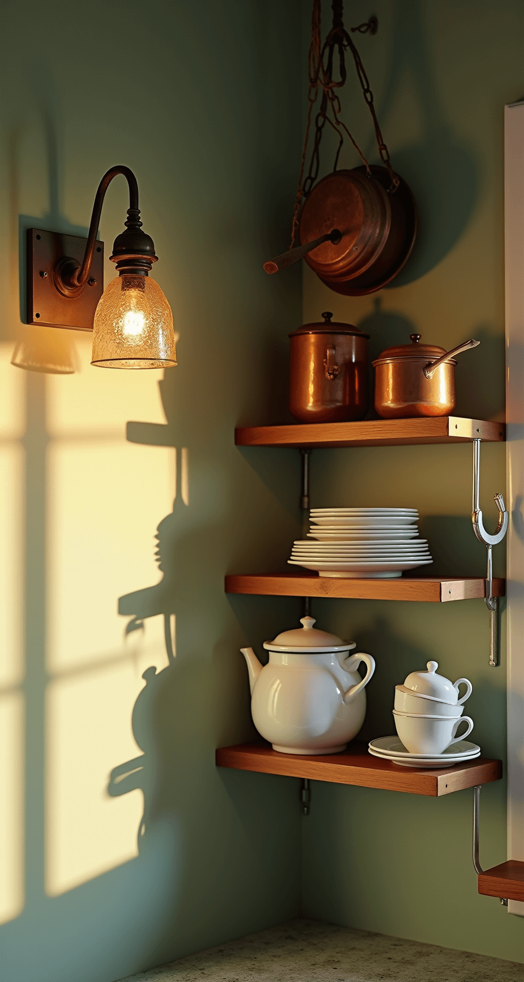 Corner view of a charming petite cottage kitchen bathed in golden hour light, featuring rustic wall sconces that cast shadows on sage green walls, open floating shelves with white ironstone pottery, and vintage copper pots hanging from a ceiling-mounted rack.