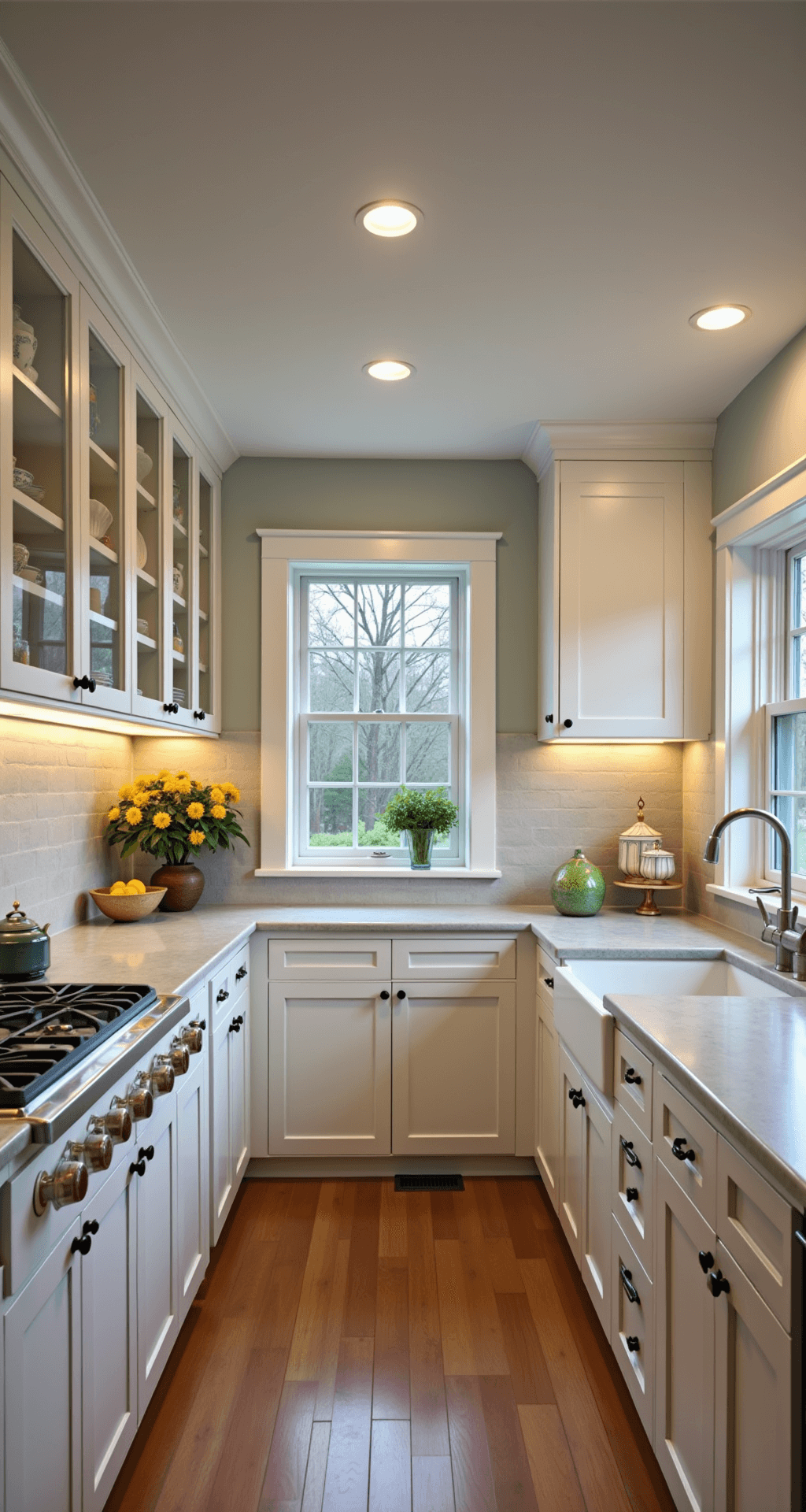 Aerial view of a cozy 6x12' galley kitchen featuring layered lighting, including slim LED recessed lights and under-cabinet task lighting, highlighting marble countertops and vintage dishware in glass-front cabinets, with a mix of cool morning and warm artificial light.