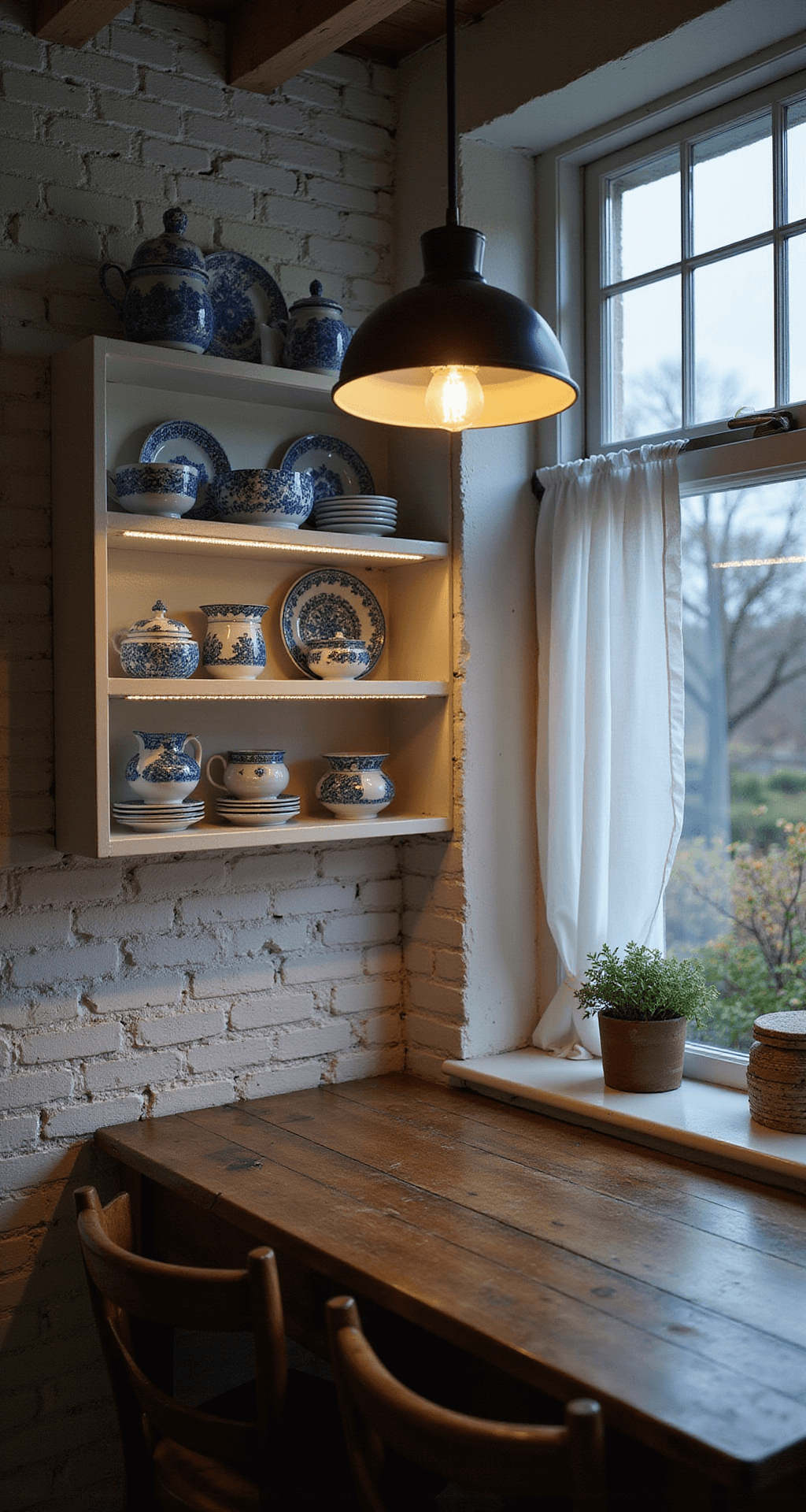 Cozy breakfast nook in a cottage kitchen at dusk, featuring battery-operated LED strips illuminating open shelving with blue and white china, whitewashed brick walls reflecting soft light from a vintage pendant lamp, and a weathered wood table beneath a window dressed with sheer cafe curtains, all captured from an eye-level perspective.