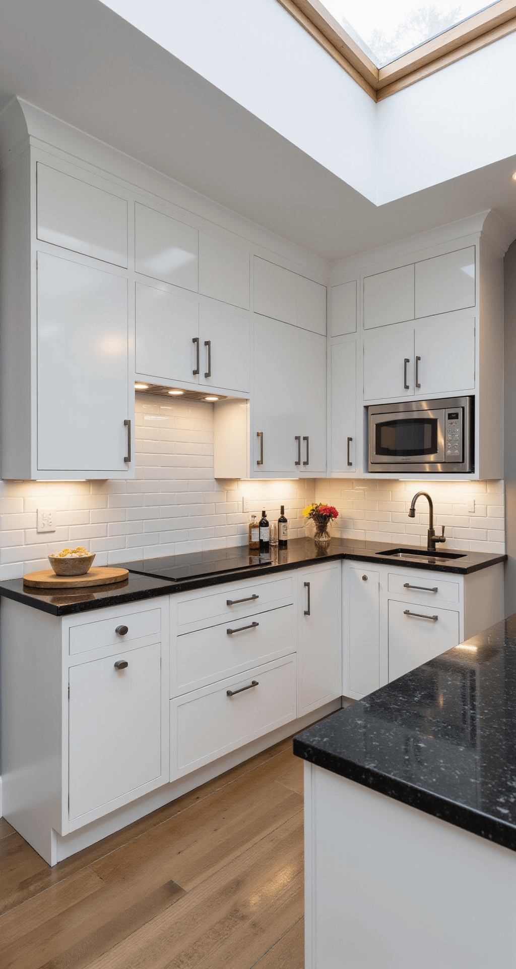 A modern cottage kitchen featuring glossy white subway tiles and a central island, illuminated by natural light from a skylight. Dark soapstone counters are highlighted by under-cabinet LED strips, while illuminated floating shelves replace minimal upper cabinets. The wide-angle shot captures the spacious, bright atmosphere with subtle LED accents.