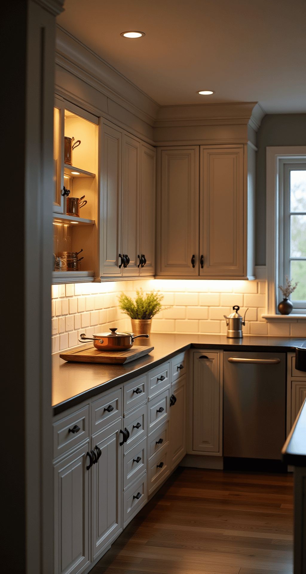 Pre-dawn cottage kitchen with soft overhead recessed lighting and glowing LED strips on beadboard backsplash, showcasing warm glass-front cabinets filled with copper cookware, all bathed in atmospheric morning light.