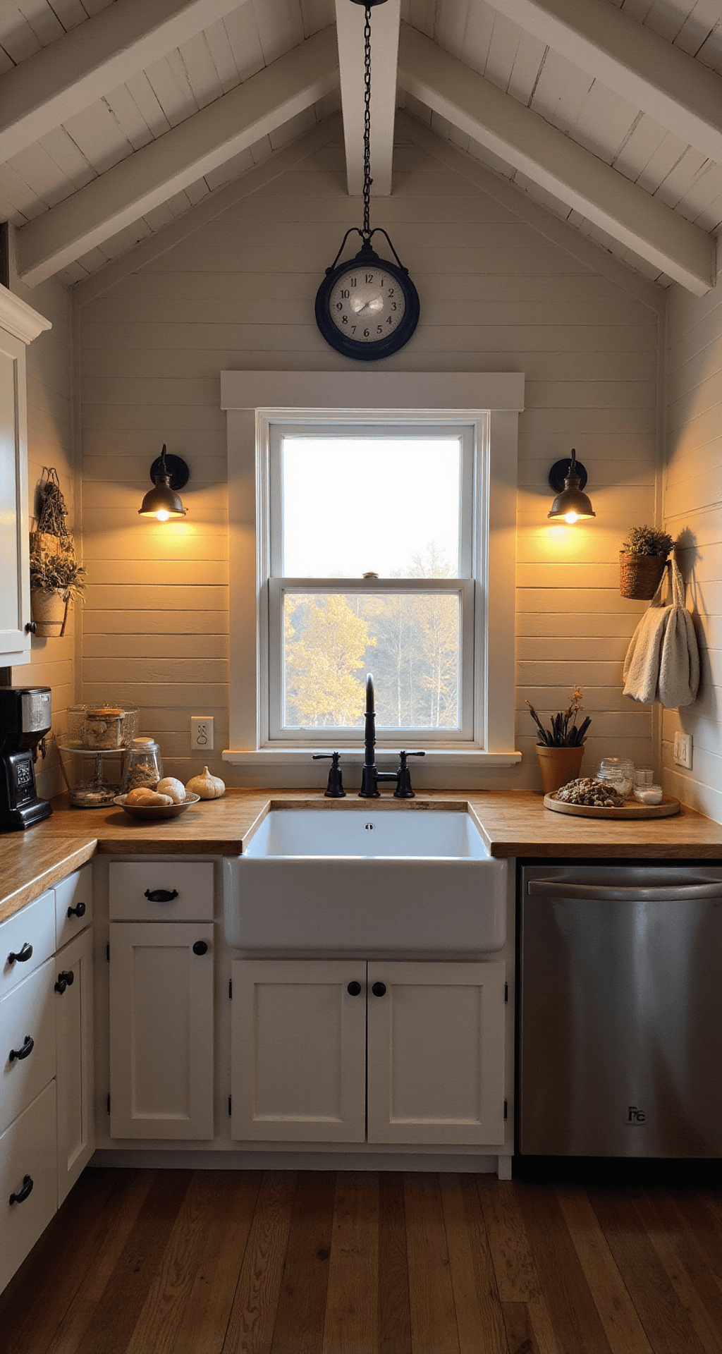 A cozy cottage kitchen at sunset, featuring wall sconces by the window, under-cabinet lighting illuminating the workspace, and a vintage pendant light. The white cathedral ceiling with exposed beams enhances the warm glow of golden hour light blending with artificial illumination, captured from a diagonal corner view.
