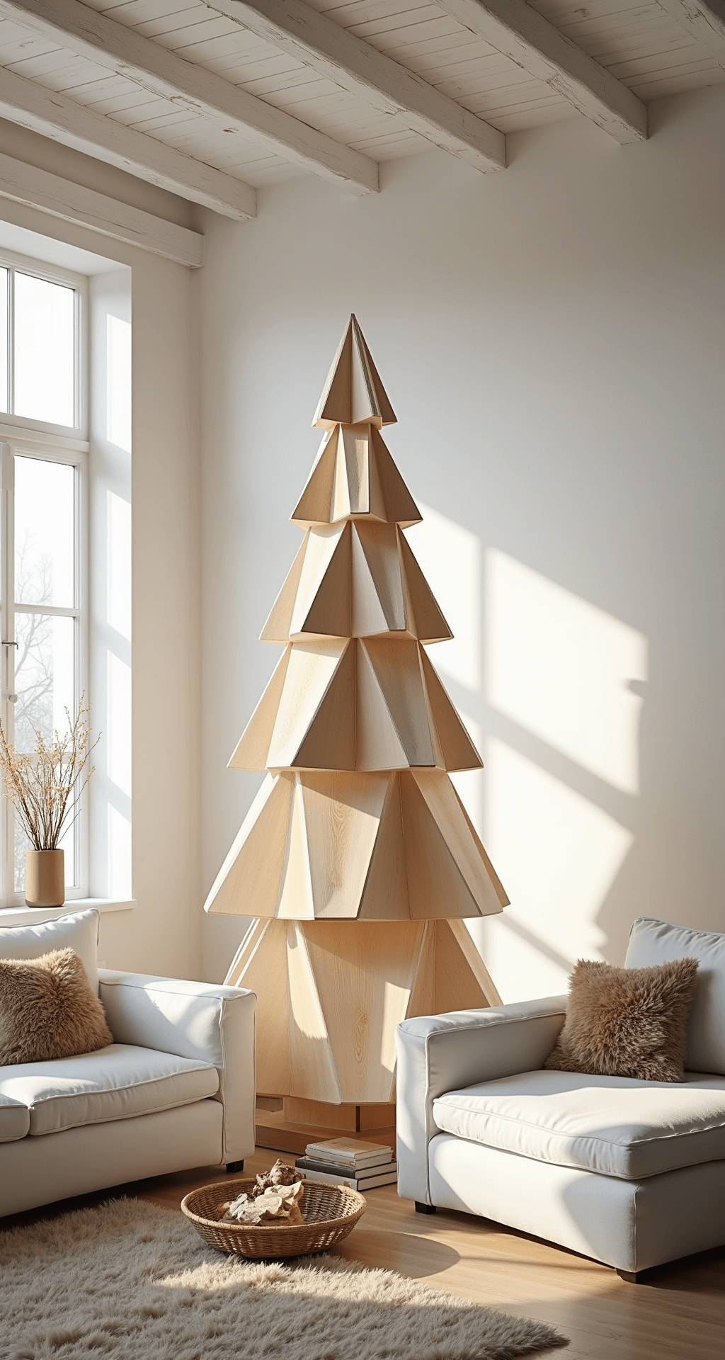 A bright Scandinavian-inspired great room featuring whitewashed wooden beams and morning light illuminating an 8ft geometric wooden Christmas tree made from blonde pine triangles. Minimalist white furniture with sheepskin throws and natural materials like woven baskets and dried pampas grass complete the cozy scene, captured from a 3/4 view using a wide-angle lens.
