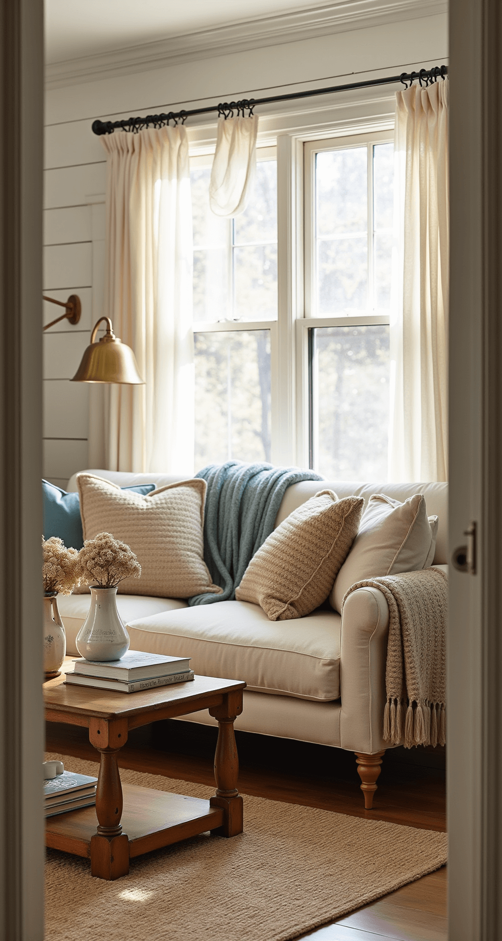 A sunlit living room with white shiplap walls, a cream linen sofa with knit throws, a vintage brass floor lamp, jute and floral rugs, and a distressed wooden coffee table with antique books and dried hydrangeas, captured during golden hour.