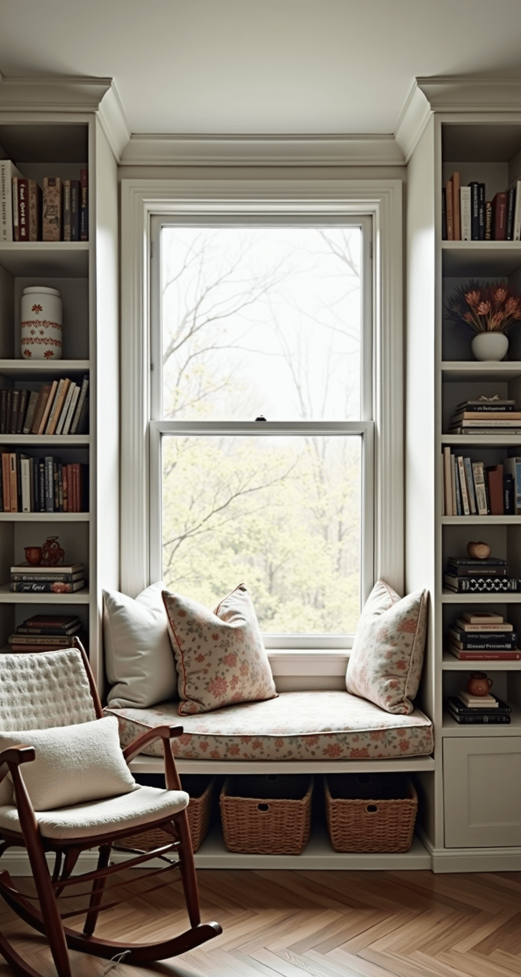 A cozy corner reading nook in an 8x10ft bedroom, featuring a bay window with a cushioned seat in vintage floral fabric, surrounded by chalk white bookshelves. A rocking chair reupholstered in natural linen sits facing the window, with a quilted cushion. Soft morning light and warm fill light enhance the textures of textiles and wood.