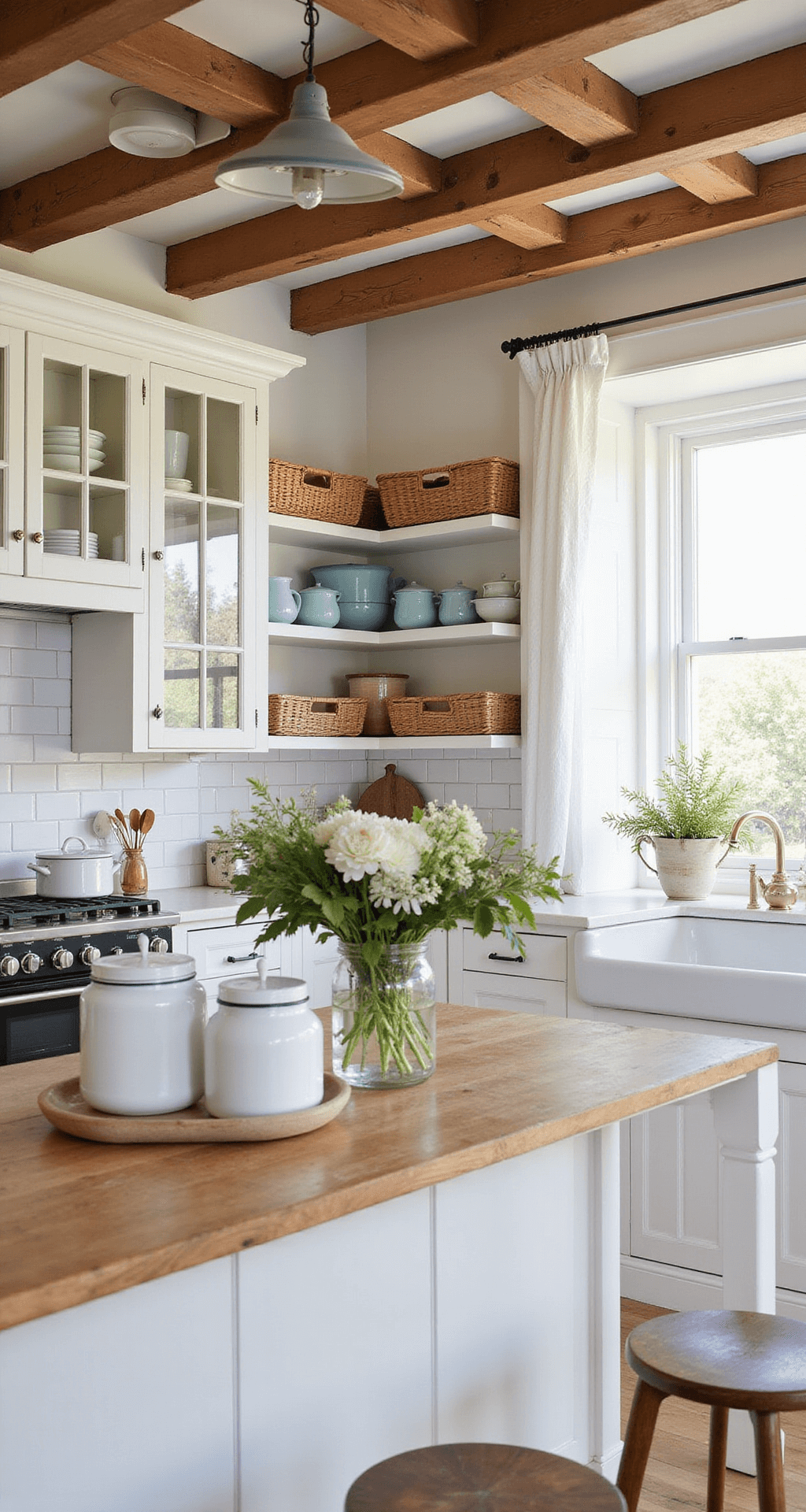 A cozy farmhouse kitchen at breakfast time featuring exposed wooden beams, white-painted cabinets with glass fronts showcasing vintage ironstone, open shelving with woven baskets and cream and pale blue enamelware, a butcher block island adorned with white ceramic canisters and fresh flowers in mason jars, and morning light streaming through cafe curtains, all in a warm palette of whites and natural wood tones.