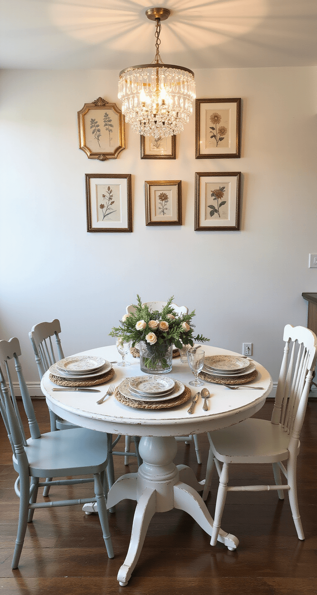 Cozy dining space with a round pedestal table in distressed white, surrounded by pastel mix-and-match chairs, illuminated by a vintage chandelier and soft natural light, featuring a gallery wall of botanical prints in gold frames.