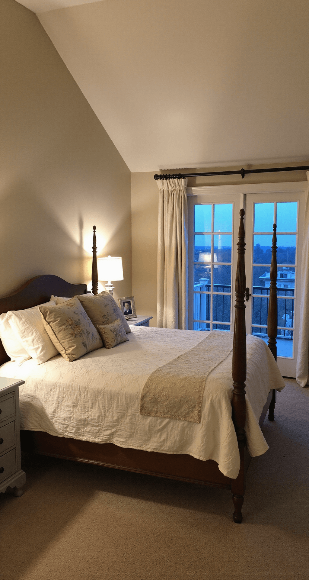 A serene master bedroom retreat with a four-poster bed dressed in white linens and a vintage quilt, featuring an antique dresser painted soft gray, family photos in silver frames, and flowing linen drapes. The ambient light at dusk casts a calming blue tone mixed with the warm glow of bedside lamps, emphasizing the room's height and inviting atmosphere.