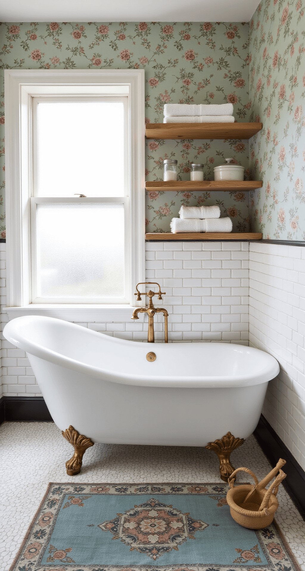A cozy cottage bathroom featuring an original clawfoot tub, white subway tile walls, and vintage floral wallpaper. Sunlight filters through a frosted window, illuminating open shelving with rolled white towels and glass jars. A Turkish rug in faded blues and roses contrasts with the white hex tile floor, creating a warm, spa-like atmosphere.