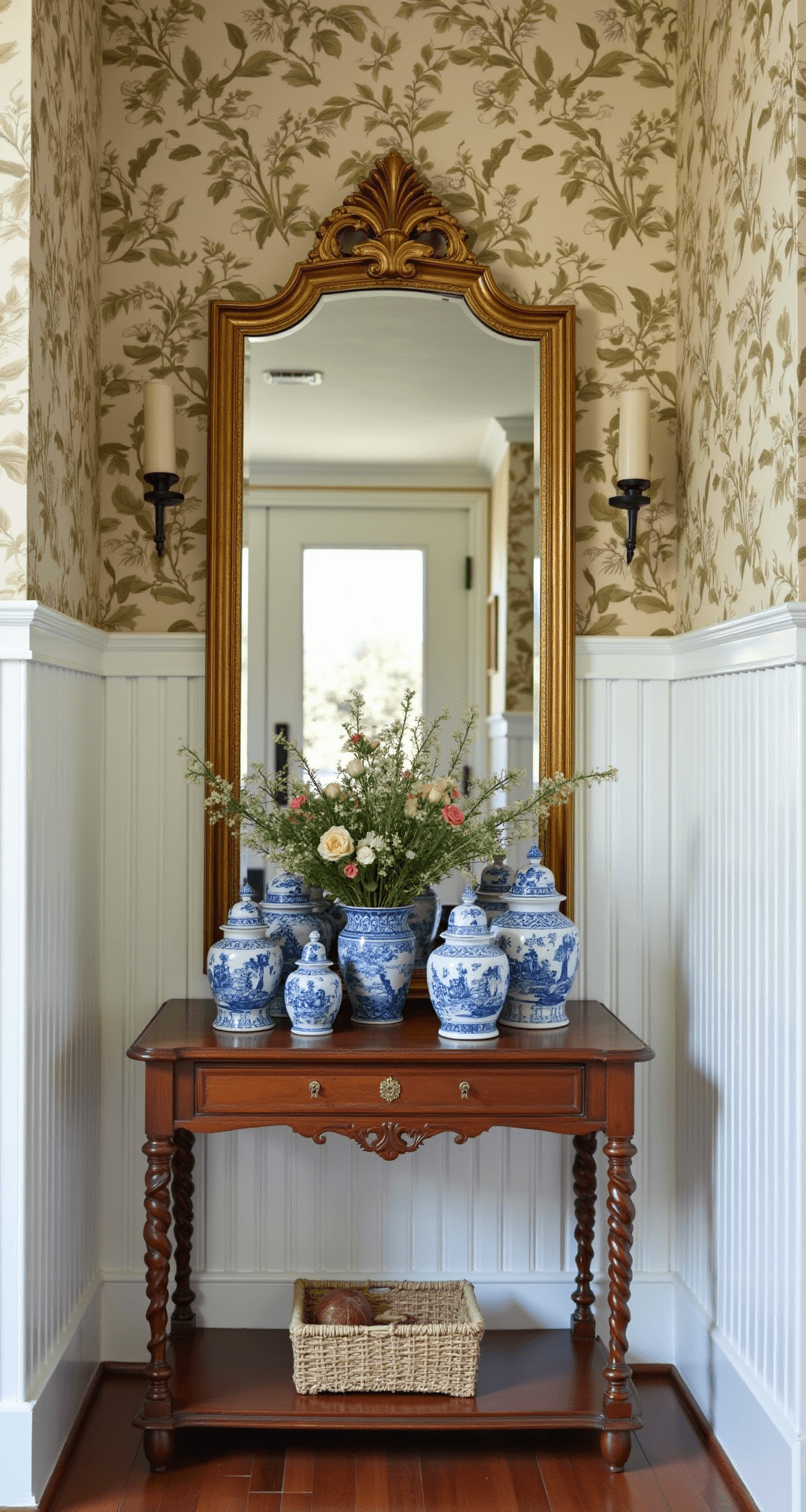Welcoming 6x8ft entryway with warm white beadboard wainscoting, vintage botanical wallpaper, antique console table featuring blue-and-white chinoiserie vases with fresh flowers, oversized gilt mirror reflecting light from a dutch door, and a woven basket with seasonal accessories beneath the table.