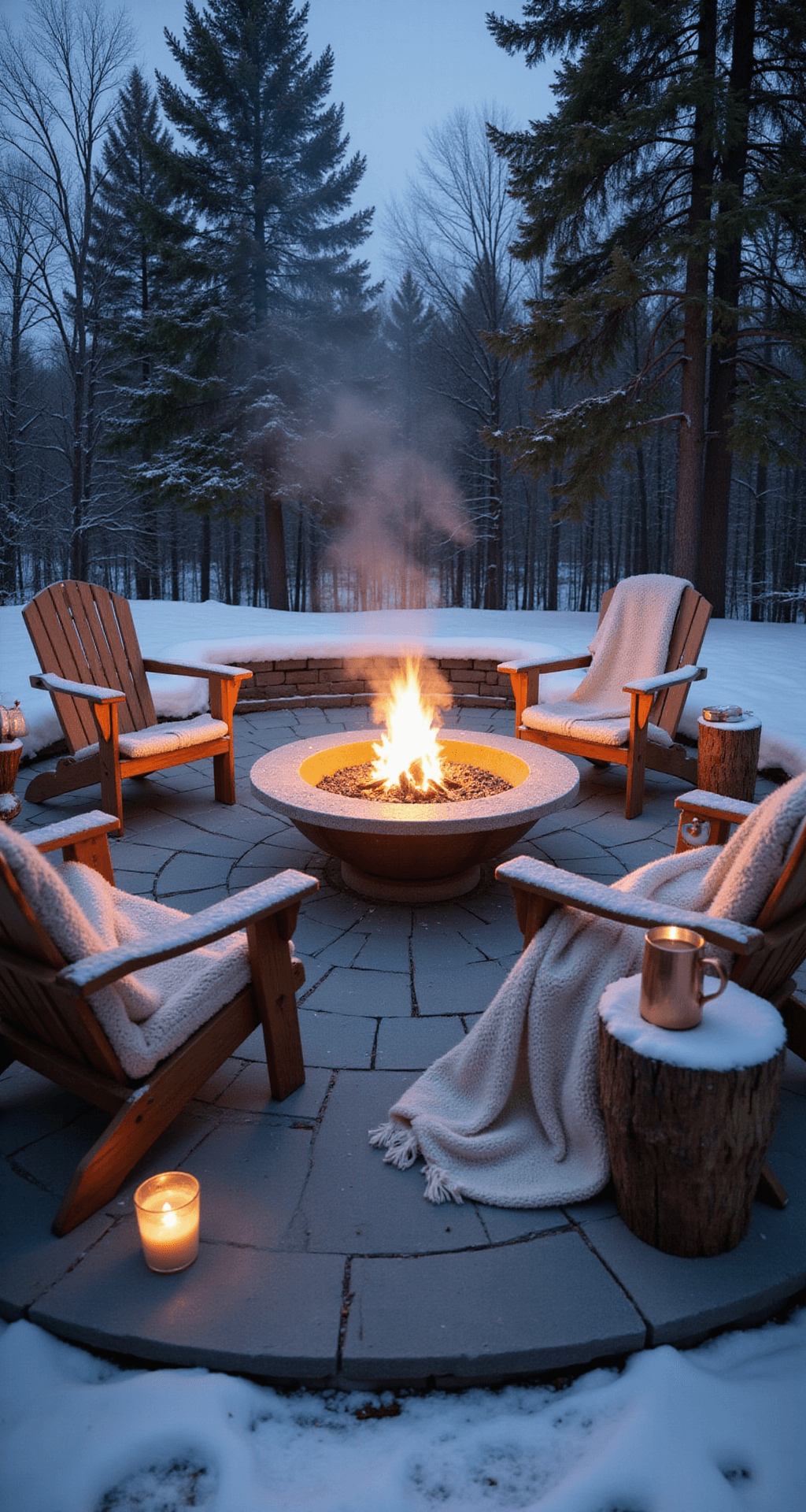 A snowy backyard at dusk features a circular fire pit on a bluestone patio, surrounded by four weathered teak Adirondack chairs draped with cream wool blankets. Handmade ice luminaries line a magical pathway, while steam rises from copper mugs of hot cocoa on rustic side tables. The warm golden firelight contrasts with the cool blue twilight, creating a cozy and intimate atmosphere framed by pine trees.