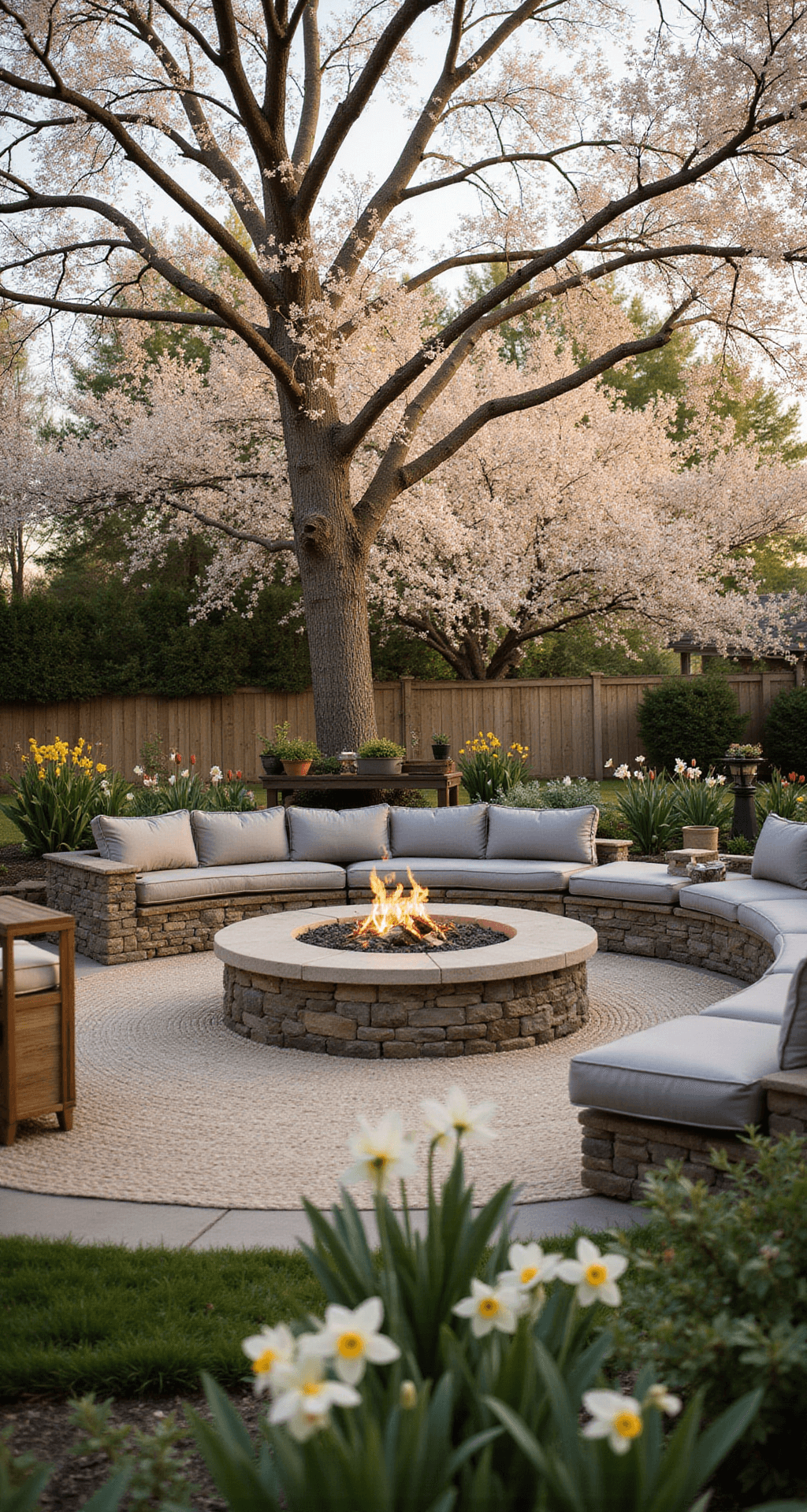 A beautifully landscaped backyard at golden hour featuring a large stone fire pit with a built-in seating wall, surrounded by blooming cherry trees and glowing string lights. Vintage bistro sets and colorful potted tulips and daffodils are scattered nearby, with a woven outdoor rug in sage and cream enhancing the fresh, romantic atmosphere. A wooden garden cart serves as a bar station, all captured from a low angle.