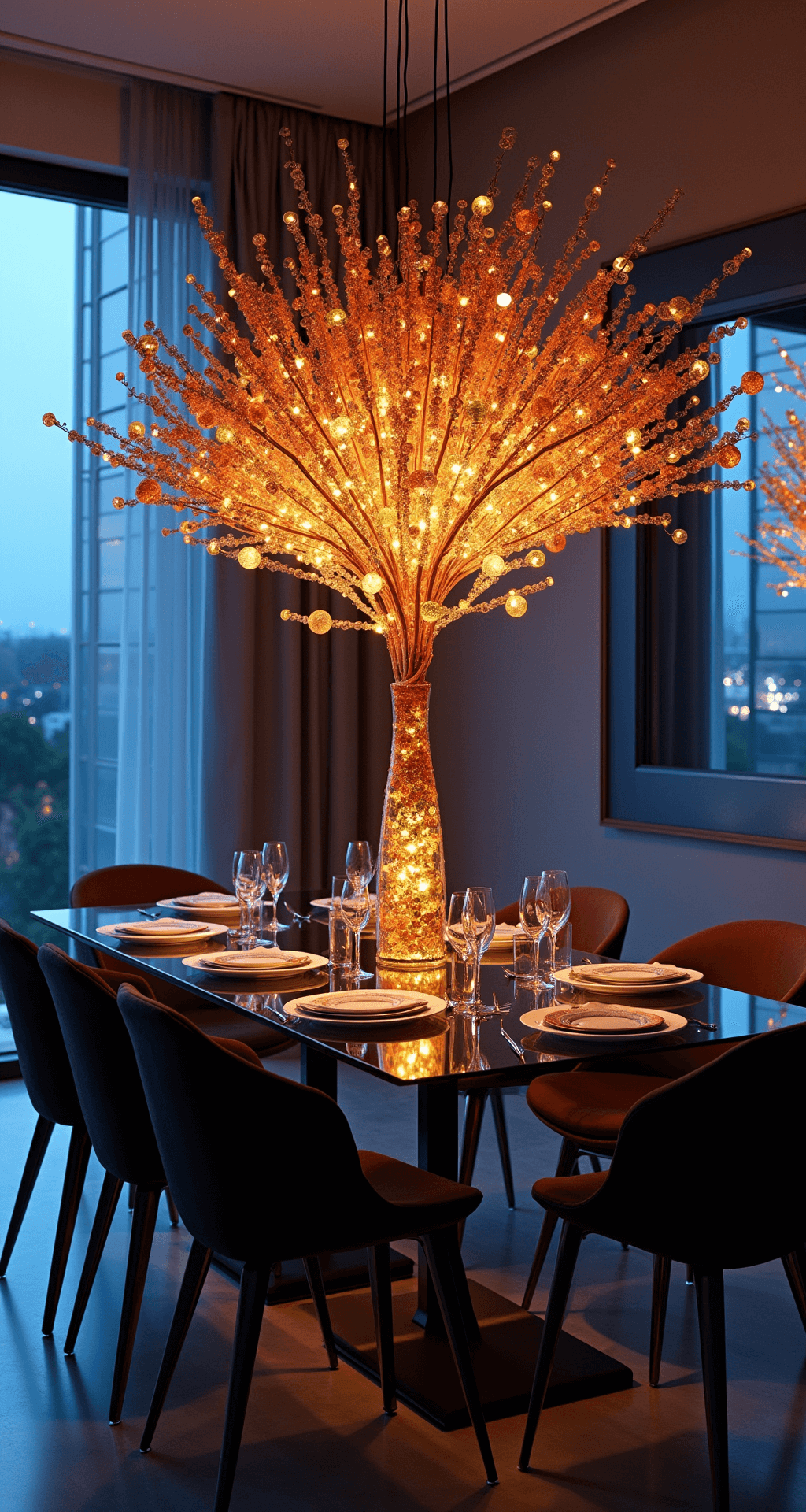 A contemporary dining space featuring floor-to-ceiling windows at dusk, showcasing a 5ft illuminated bottle tree that casts jewel-toned reflections on a modern glass dining table. Matte black chairs provide a grounding contrast, while metallic table settings and suspended glass ornaments enhance the luxurious feel. The scene is captured from tabletop height, emphasizing light refractions in a cool color palette under dramatic low-light conditions.
