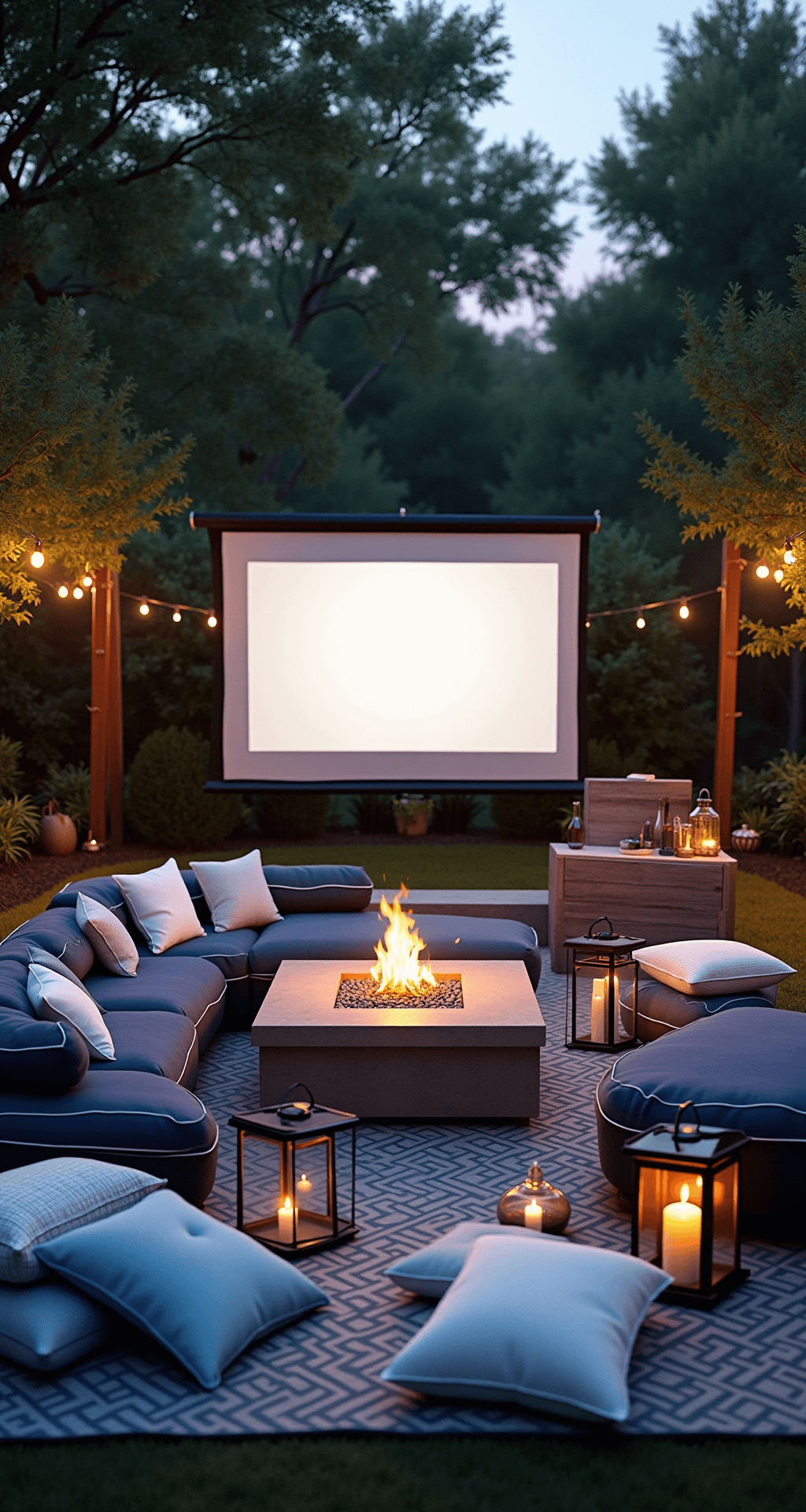 A cozy summer movie night setup in a backyard featuring a modern fire pit, L-shaped navy sectional with white piping, a projection screen, scattered coastal-themed floor pillows, hurricane lanterns, a vintage popcorn cart, and Moscow mules on side tables, all bathed in warm, inviting uplighting and fire glow.