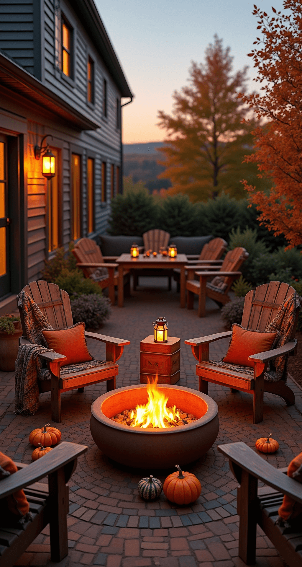 Intimate autumn patio gathering at sunset, featuring a rustic copper fire bowl on a brick patio, surrounded by wooden Adirondack chairs with plaid throws and leather pillows, carved pumpkins, lanterns, and wooden crate side tables with mulled cider, enveloped in vibrant fall foliage.