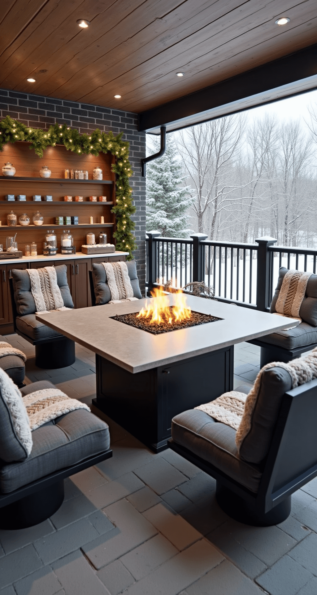 A cozy winter s'mores station on a covered patio, featuring a modern gas fire table surrounded by four charcoal upholstered chairs, a wooden buffet filled with s'mores ingredients, and decorated with faux fur throws, cable knit pillows, evergreen garland, and white lights, all set against a backdrop of light snowfall.